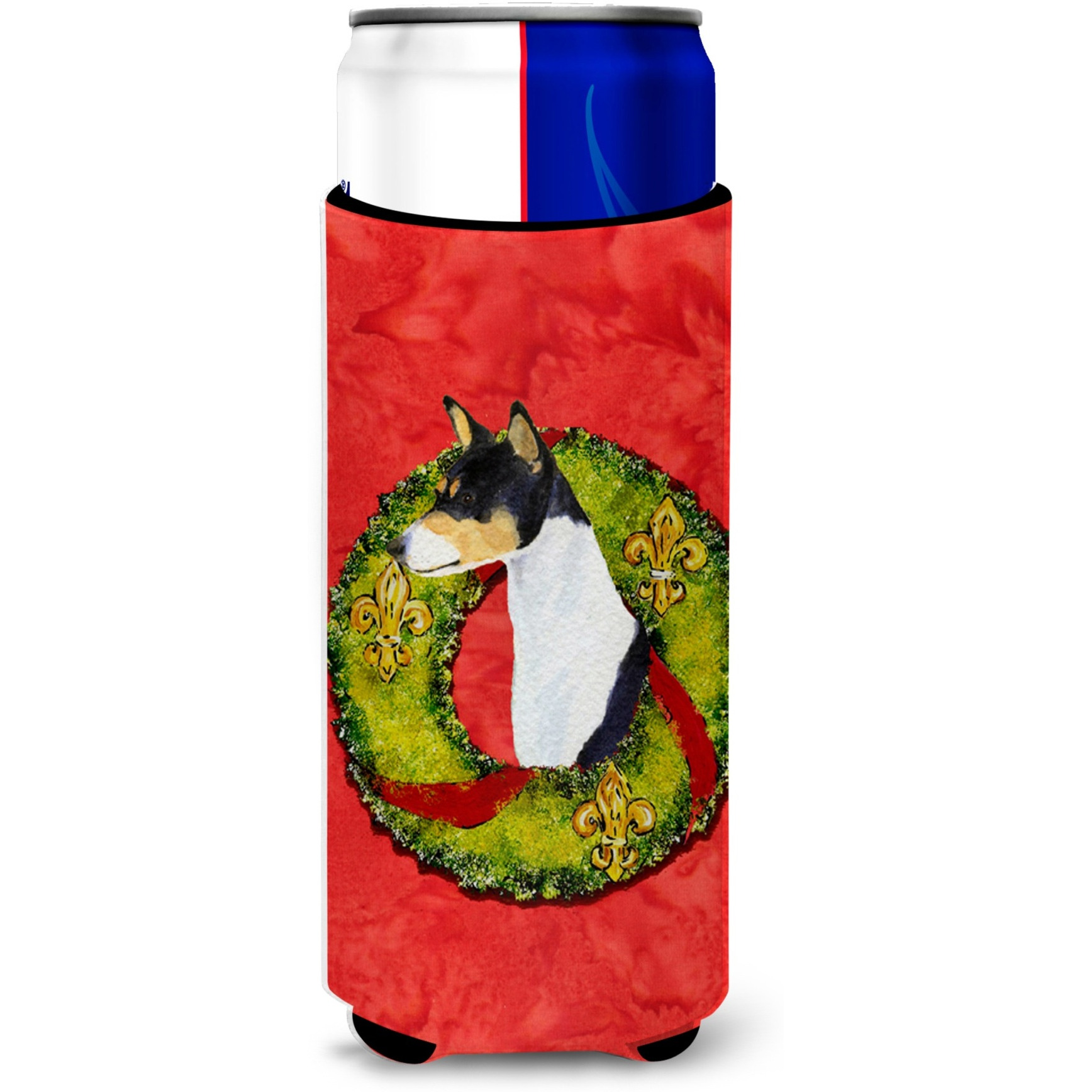 Basenji Cristmas Wreath Ultra Beverage Insulators for slim cans SS4201MUK