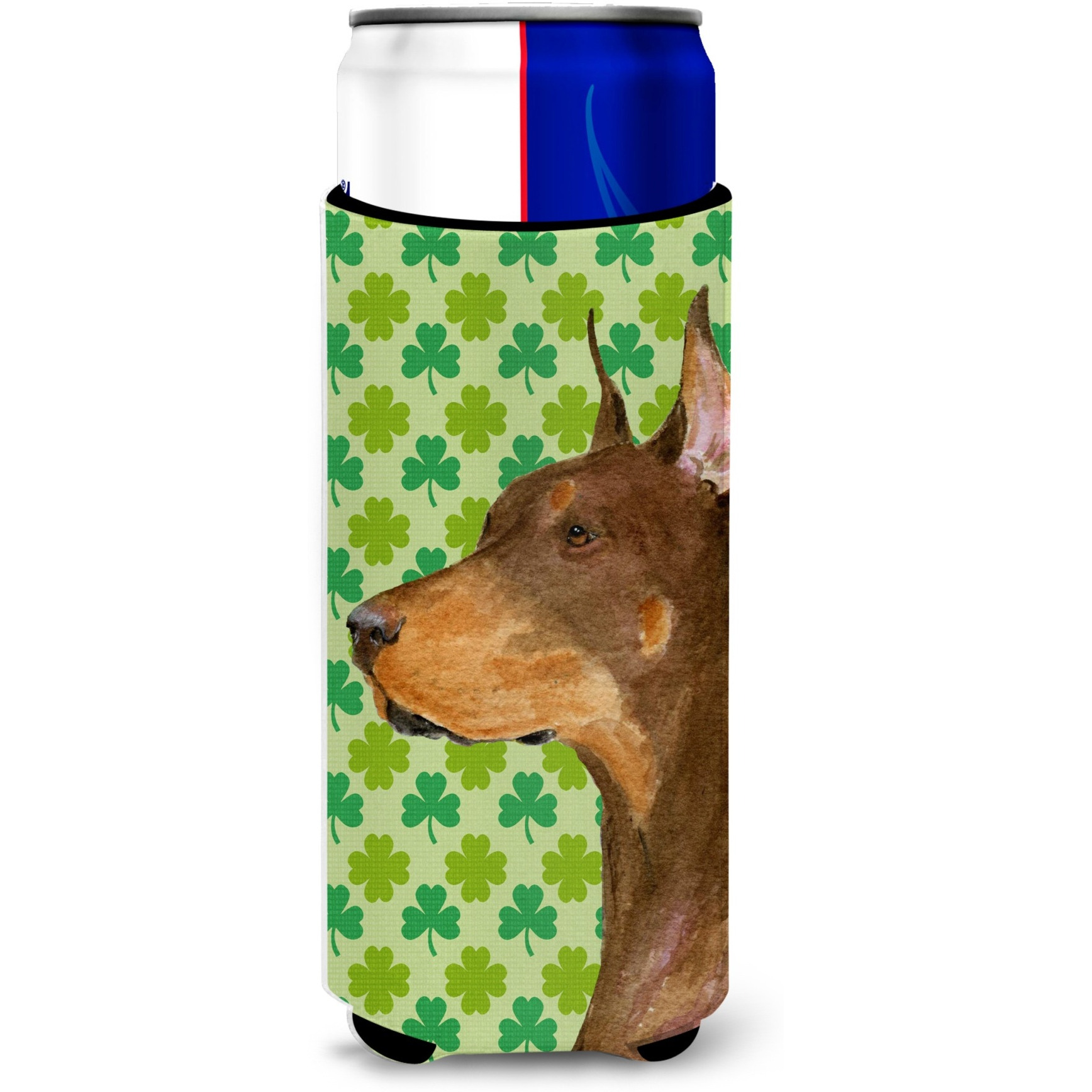 Doberman St. Patrick's Day Shamrock Portrait Ultra Beverage Insulators for slim cans SS4399MUK