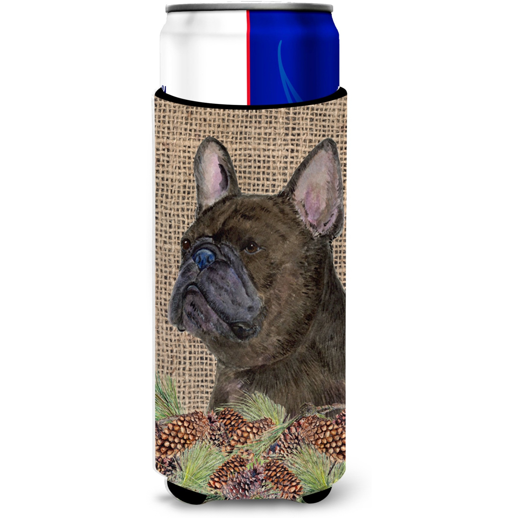 French Bulldog on Faux Burlap with Pine Cones Ultra Beverage Insulators for slim cans SS4063MUK