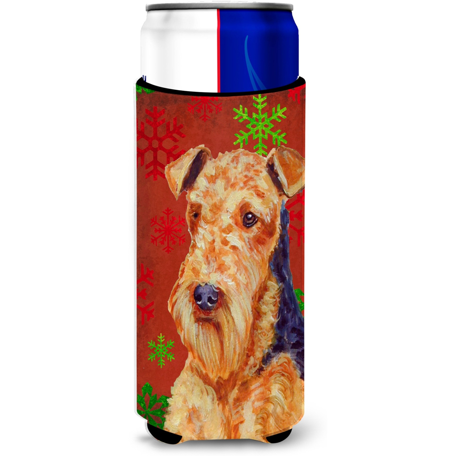 Airedale Red and Green Snowflakes Holiday Christmas Ultra Beverage Insulators for slim cans LH9336MUK
