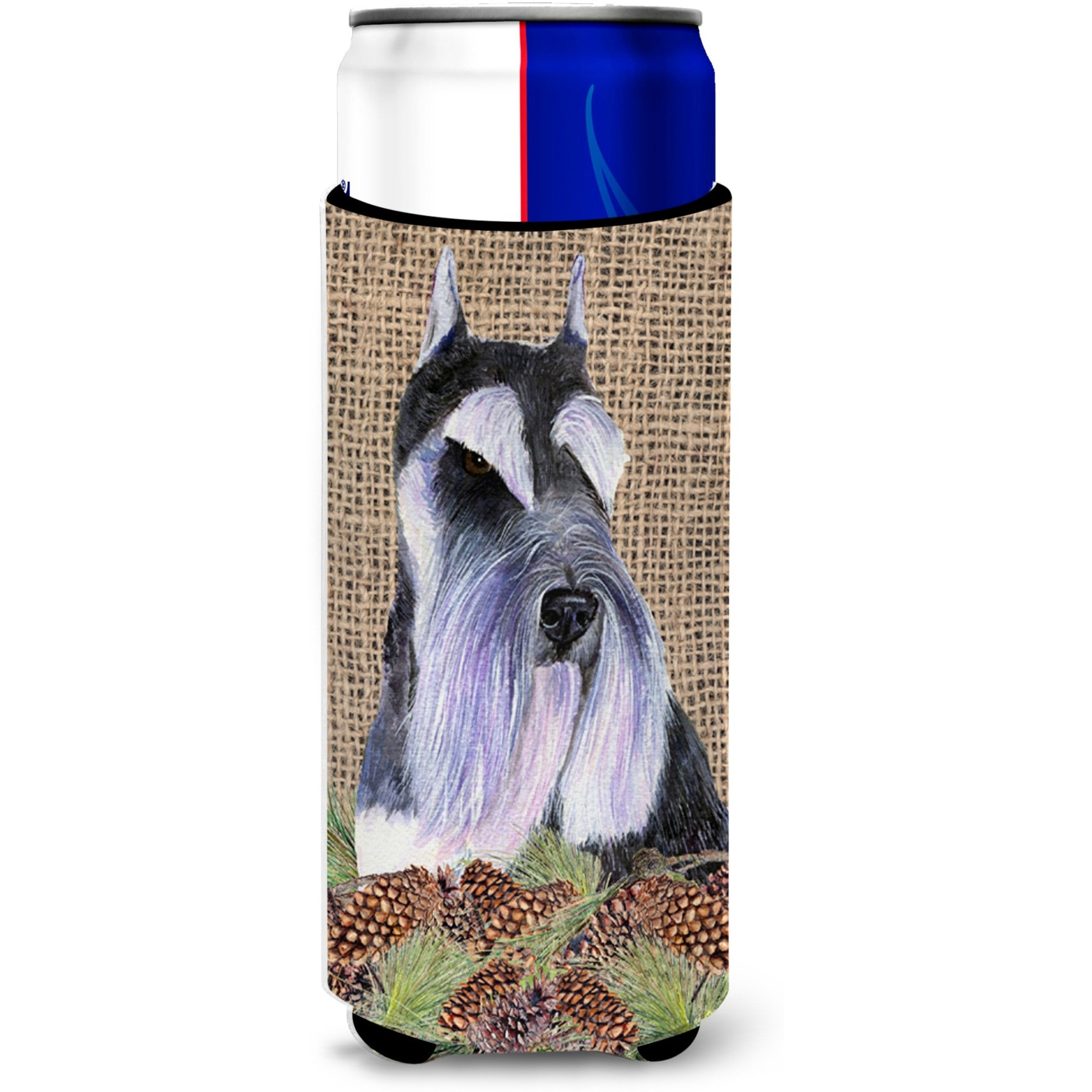 Schnauzer on Faux Burlap with Pine Cones Ultra Beverage Insulators for slim cans SS4068MUK