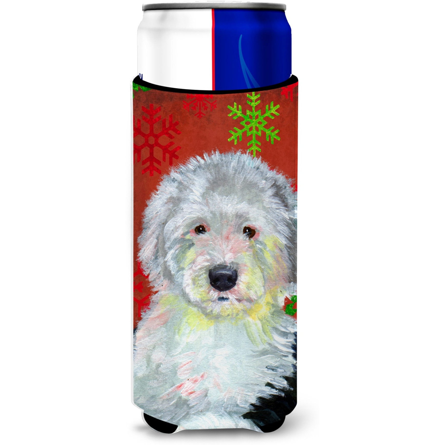 Old English Sheepdog Red  Green Snowflakes Holiday Christmas Ultra Beverage Insulators for slim cans LH9351MUK