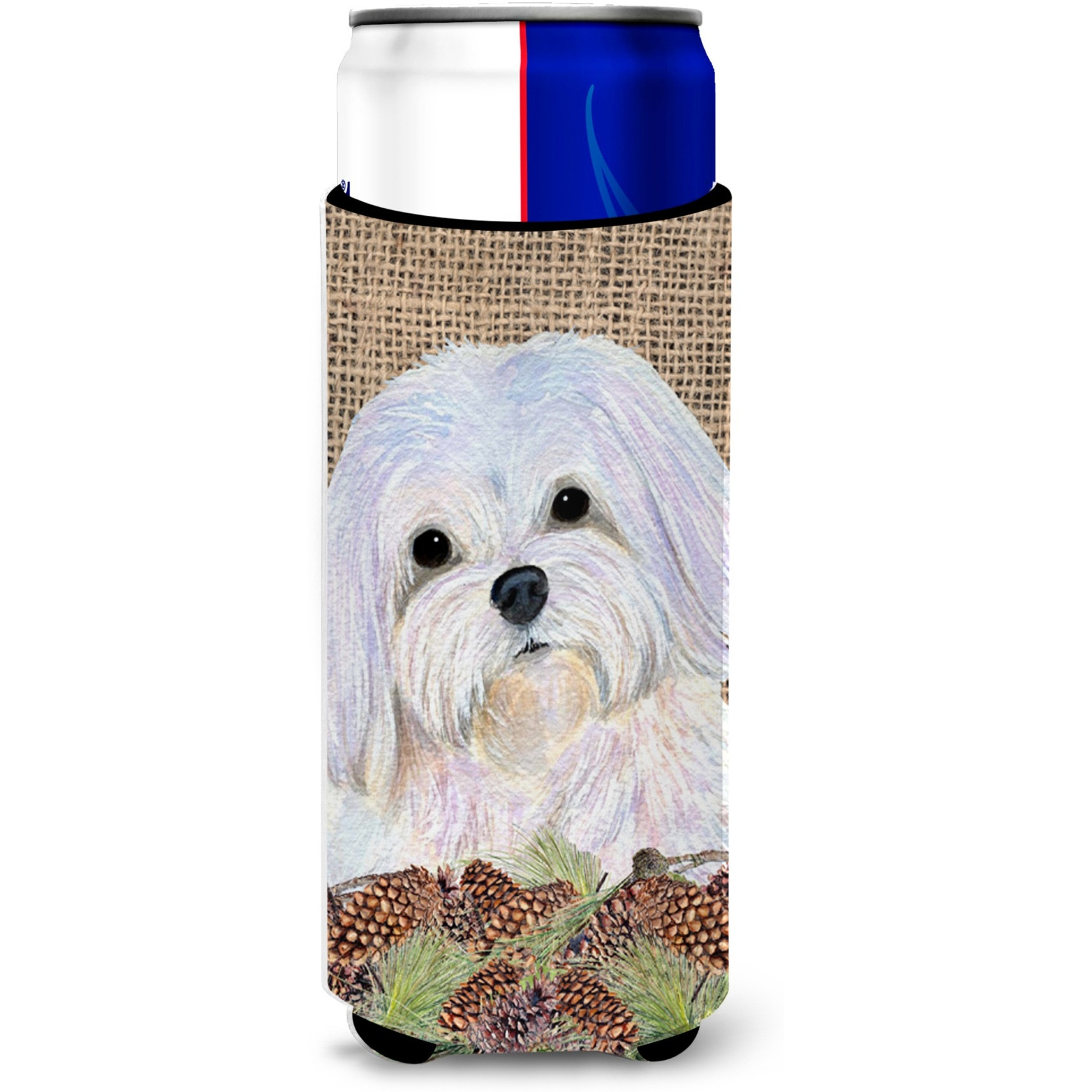 Maltese on Faux Burlap with Pine Cones Ultra Beverage Insulators for slim cans SS4073MUK