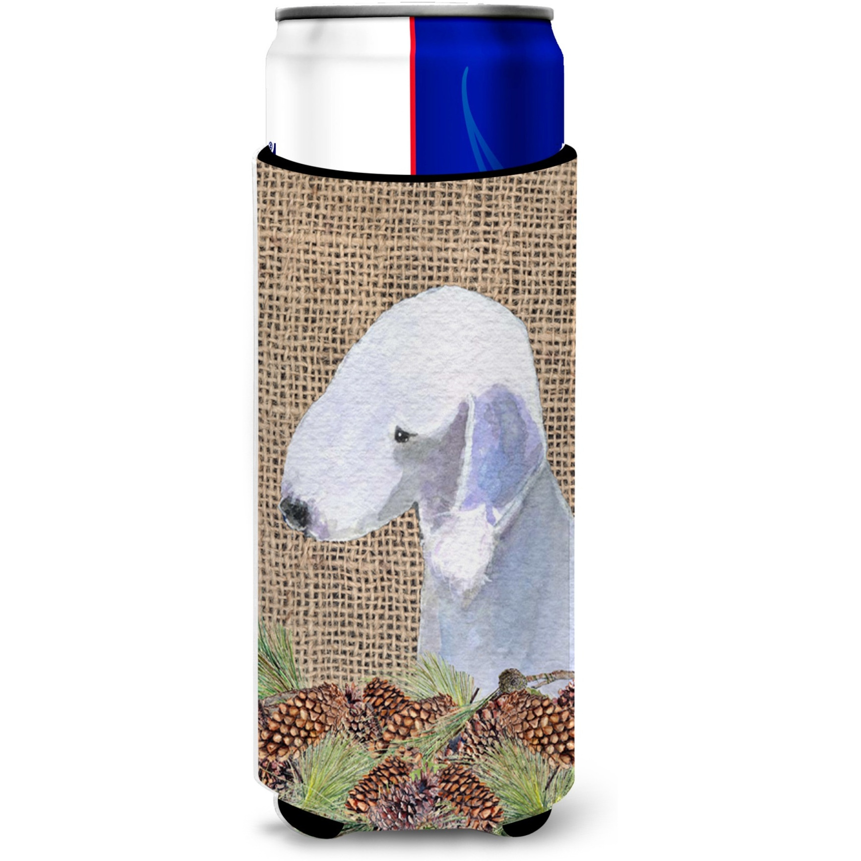 Bedlington Terrier on Faux Burlap with Pine Cones Ultra Beverage Insulators for slim cans SS4074MUK