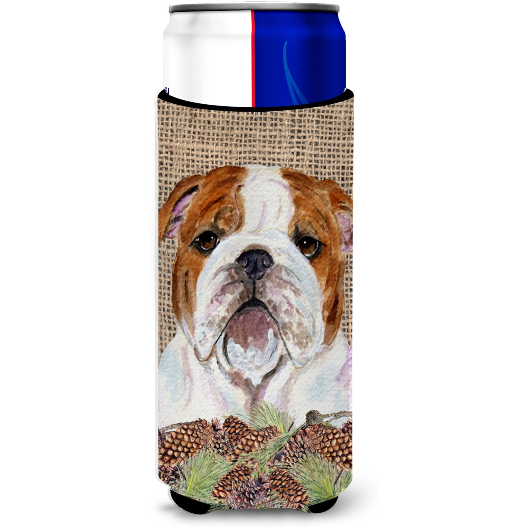 Bulldog English on Faux Burlap with Pine Cones Ultra Beverage Insulators for slim cans SS4075MUK