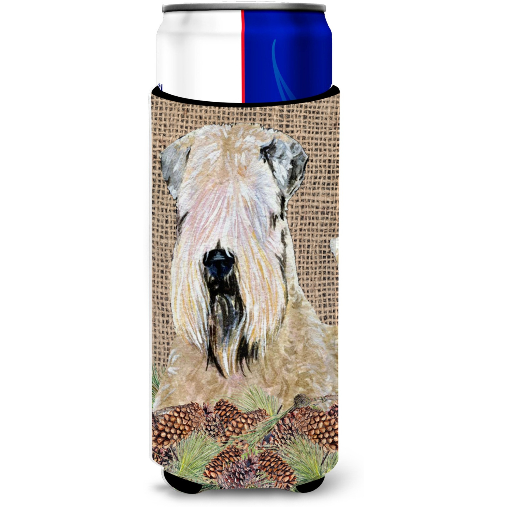 Wheaten Terrier Soft Coated on Faux Burlap with Pine Cones Ultra Beverage Insulators for slim cans SS4079MUK