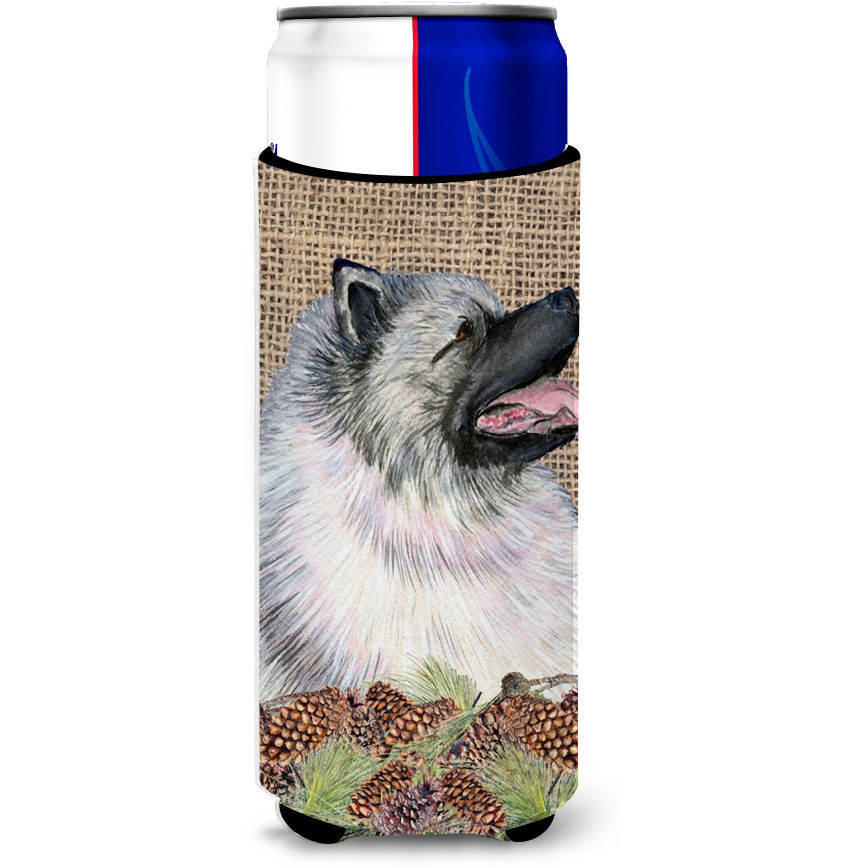 Keeshond on Faux Burlap with Pine Cones Ultra Beverage Insulators for slim cans SS4080MUK