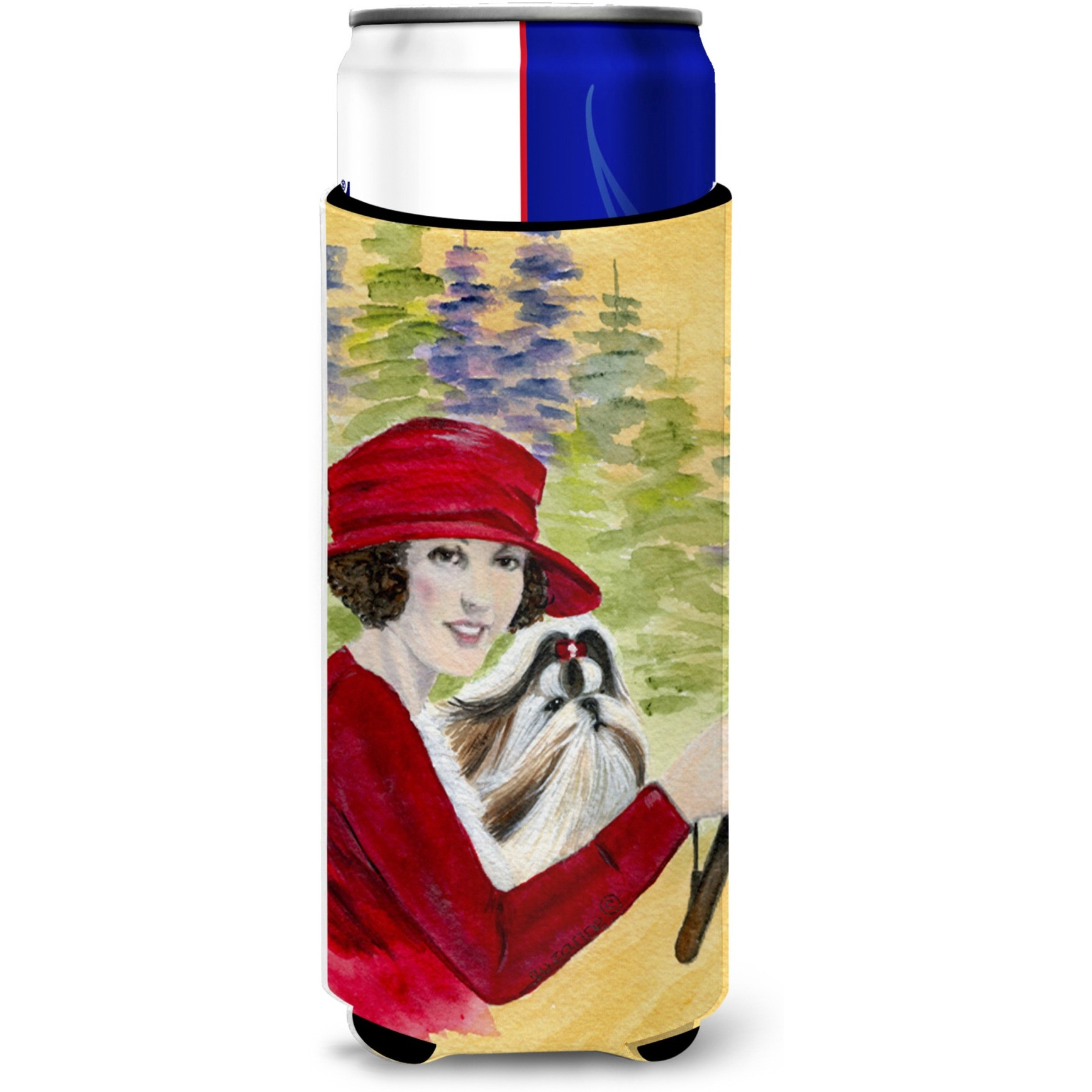 Lady driving with her Shih Tzu Ultra Beverage Insulators for slim cans SS8539MUK