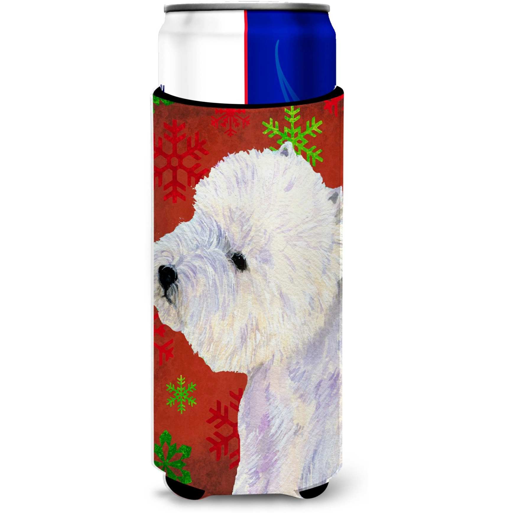 Westie Red and Green Snowflakes Holiday Christmas Ultra Beverage Insulators for slim cans LH9315MUK