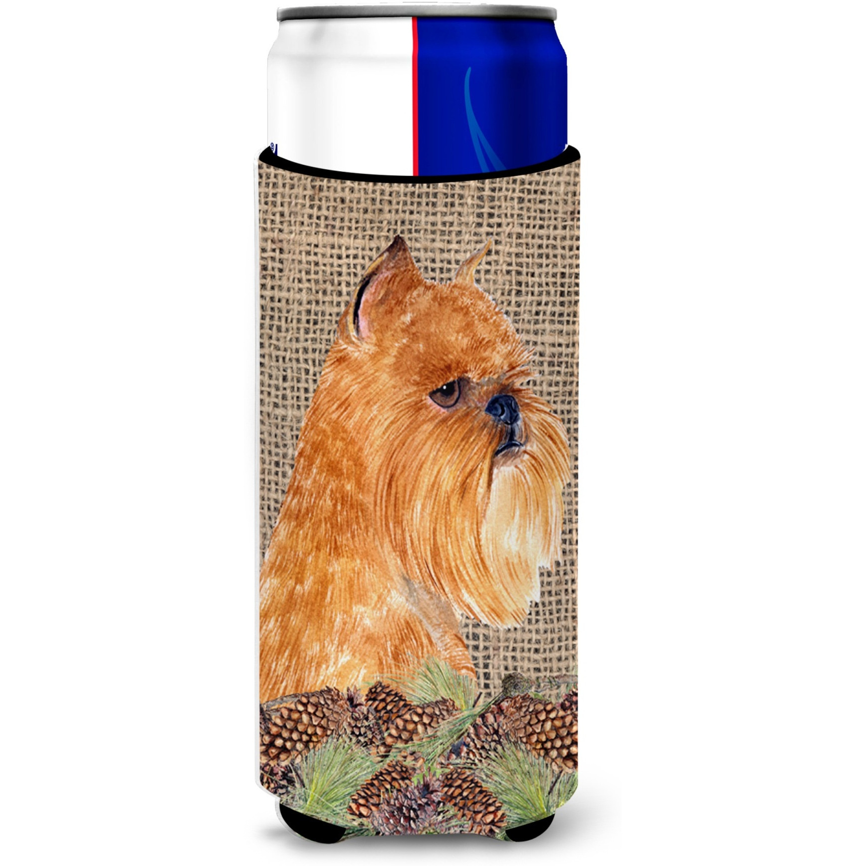 Brussels Griffon on Faux Burlap with Pine Cones Ultra Beverage Insulators for slim cans SS4084MUK