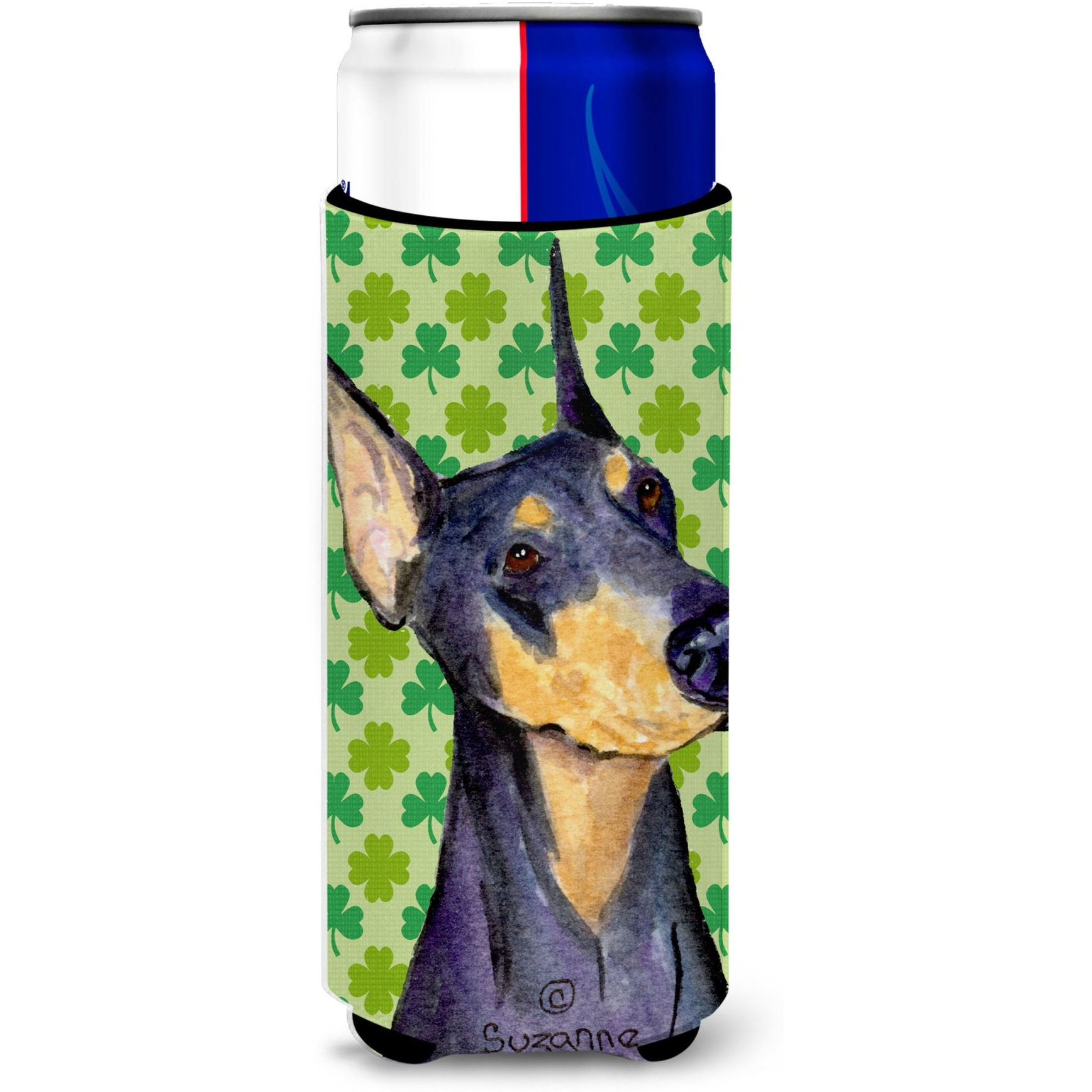 Doberman St. Patrick's Day Shamrock Portrait Ultra Beverage Insulators for slim cans SS4426MUK