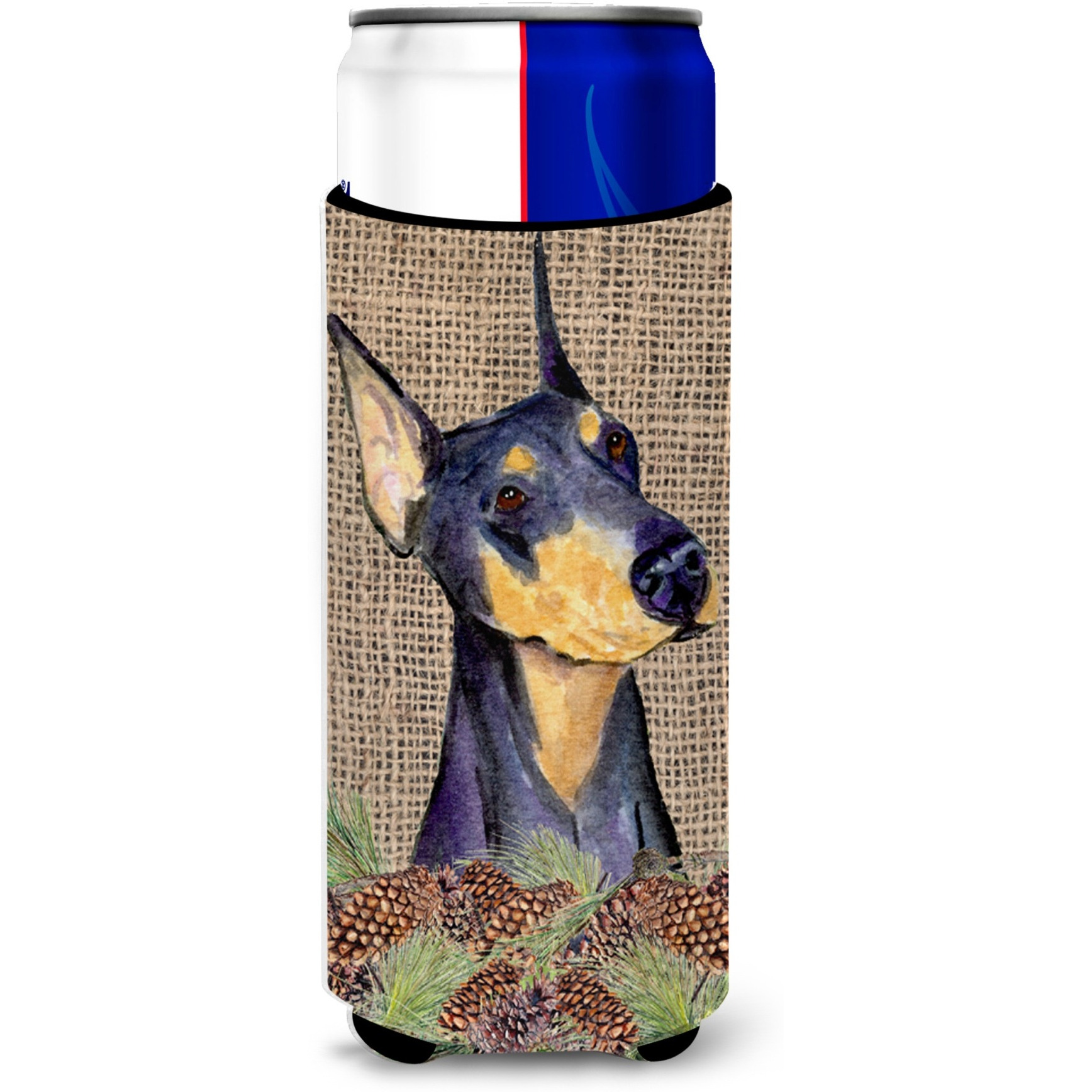 Doberman on Faux Burlap with Pine Cones Ultra Beverage Insulators for slim cans SS4085MUK