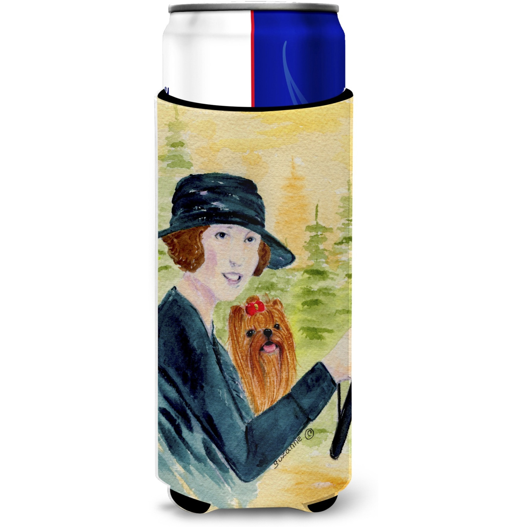 Lady driving with her Yorkie Ultra Beverage Insulators for slim cans SS8550MUK
