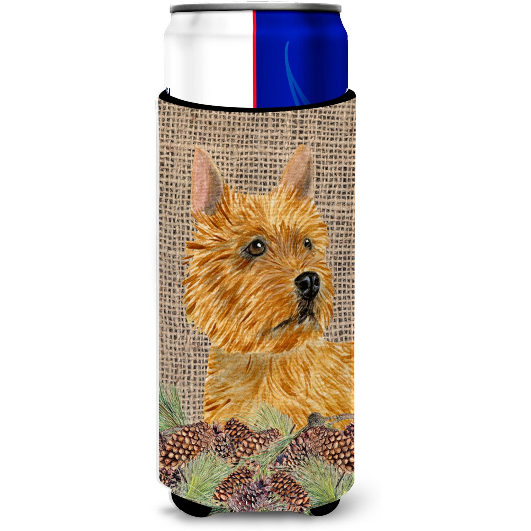 Norwich Terrier on Faux Burlap with Pine Cones Ultra Beverage Insulators for slim cans SS4088MUK