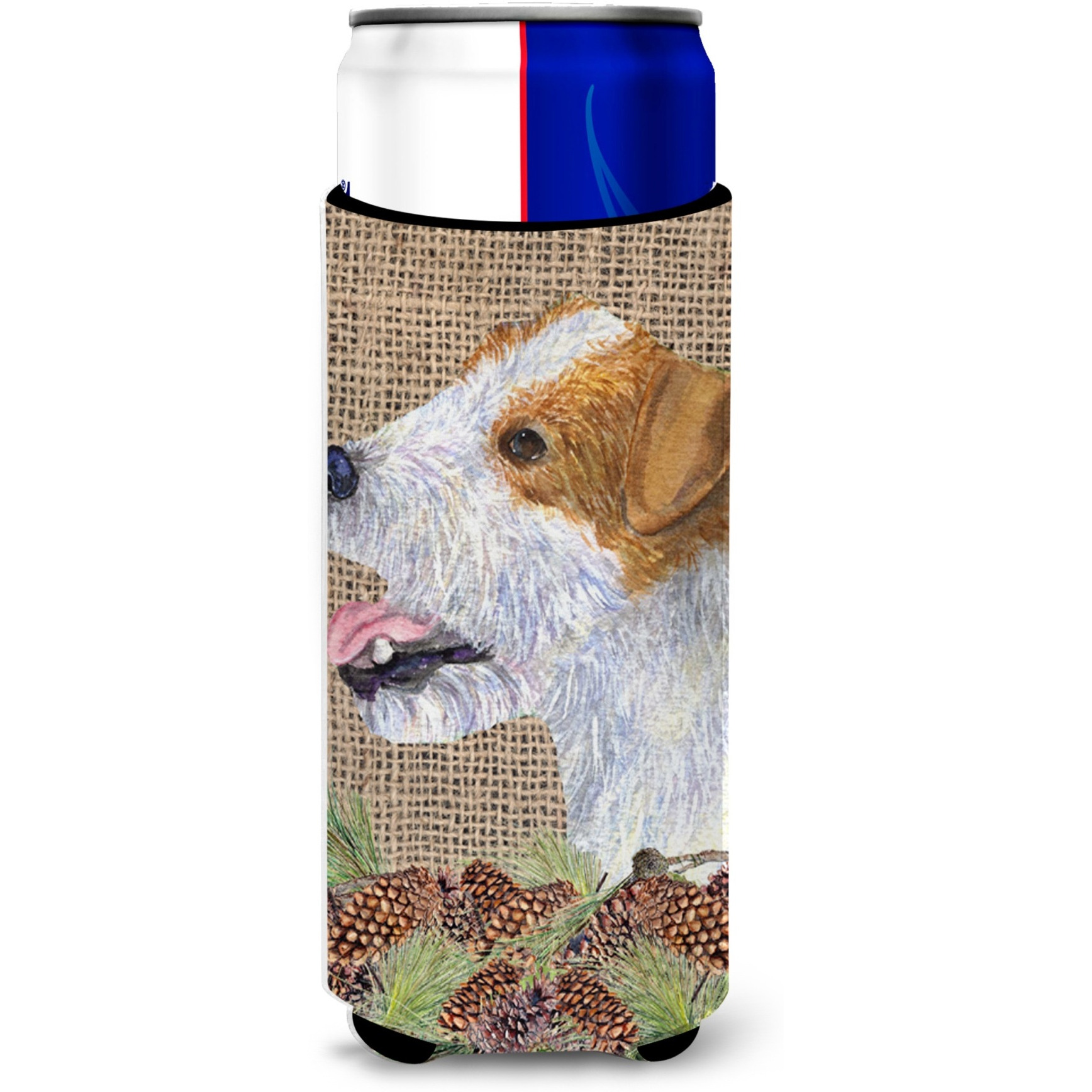 Jack Russell Terrier on Faux Burlap with Pine Cones Ultra Beverage Insulators for slim cans SS4093MUK