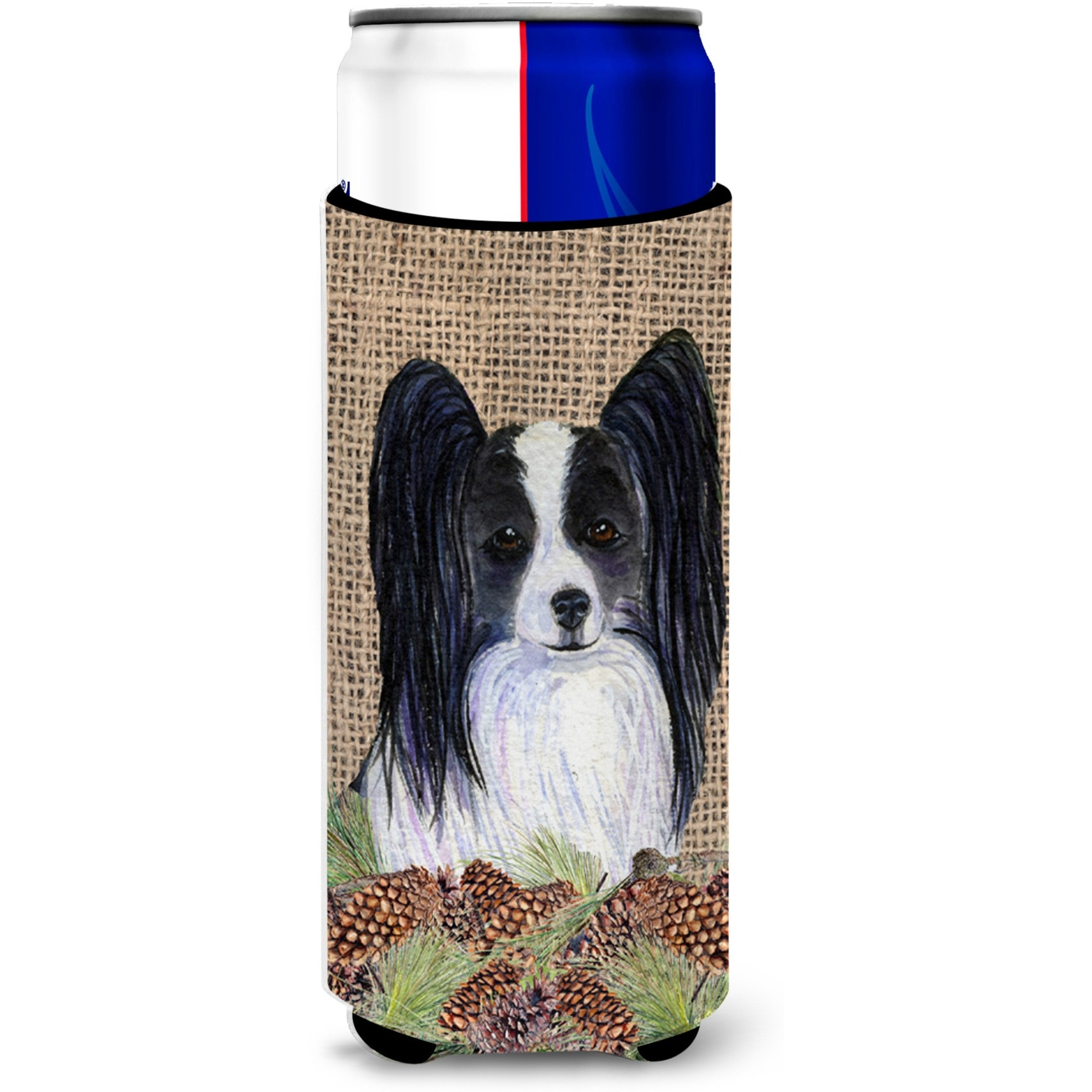 Papillon on Faux Burlap with Pine Cones Ultra Beverage Insulators for slim cans SS4094MUK