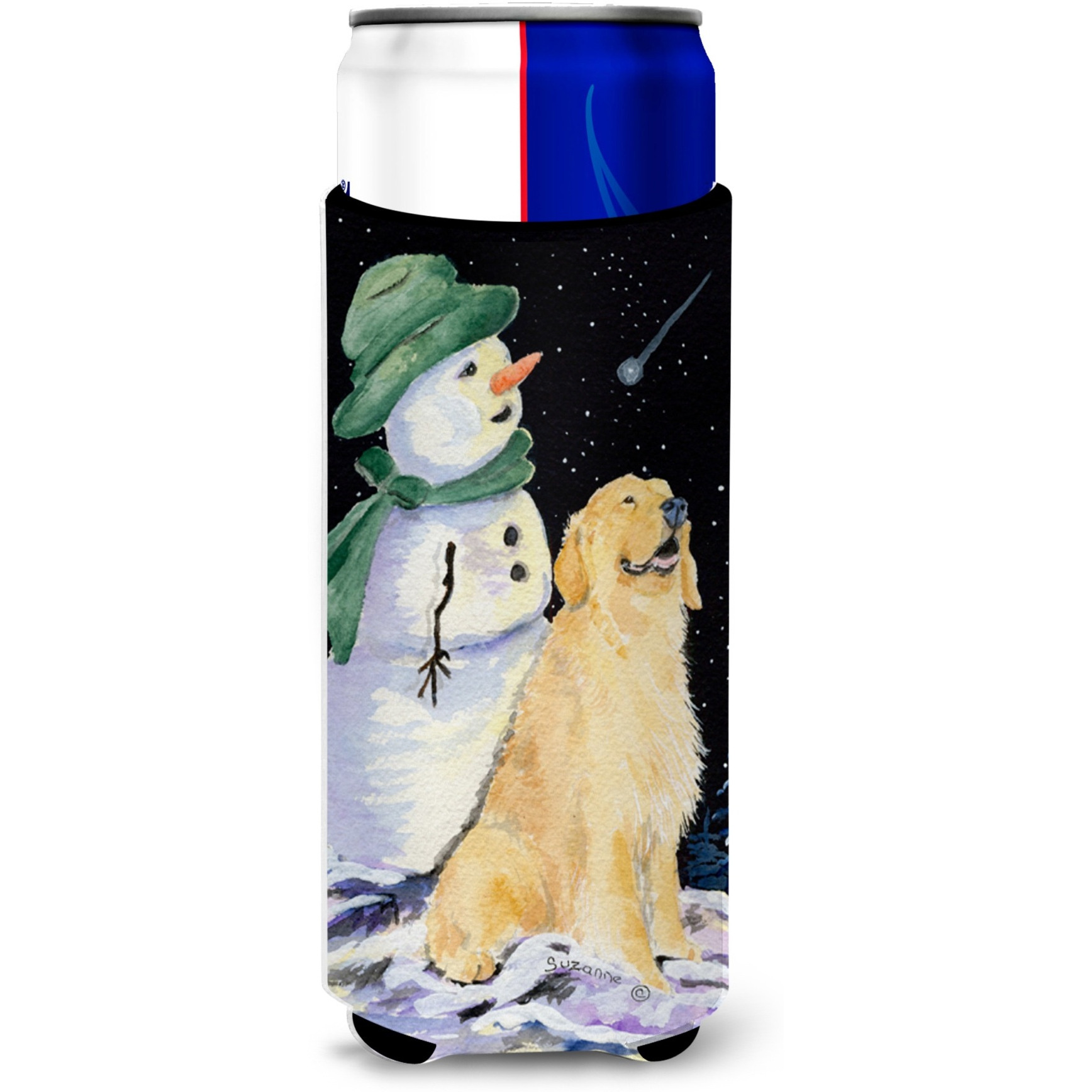 Golden Retriever with Snowman in Green Hat Ultra Beverage Insulators for slim cans SS8577MUK