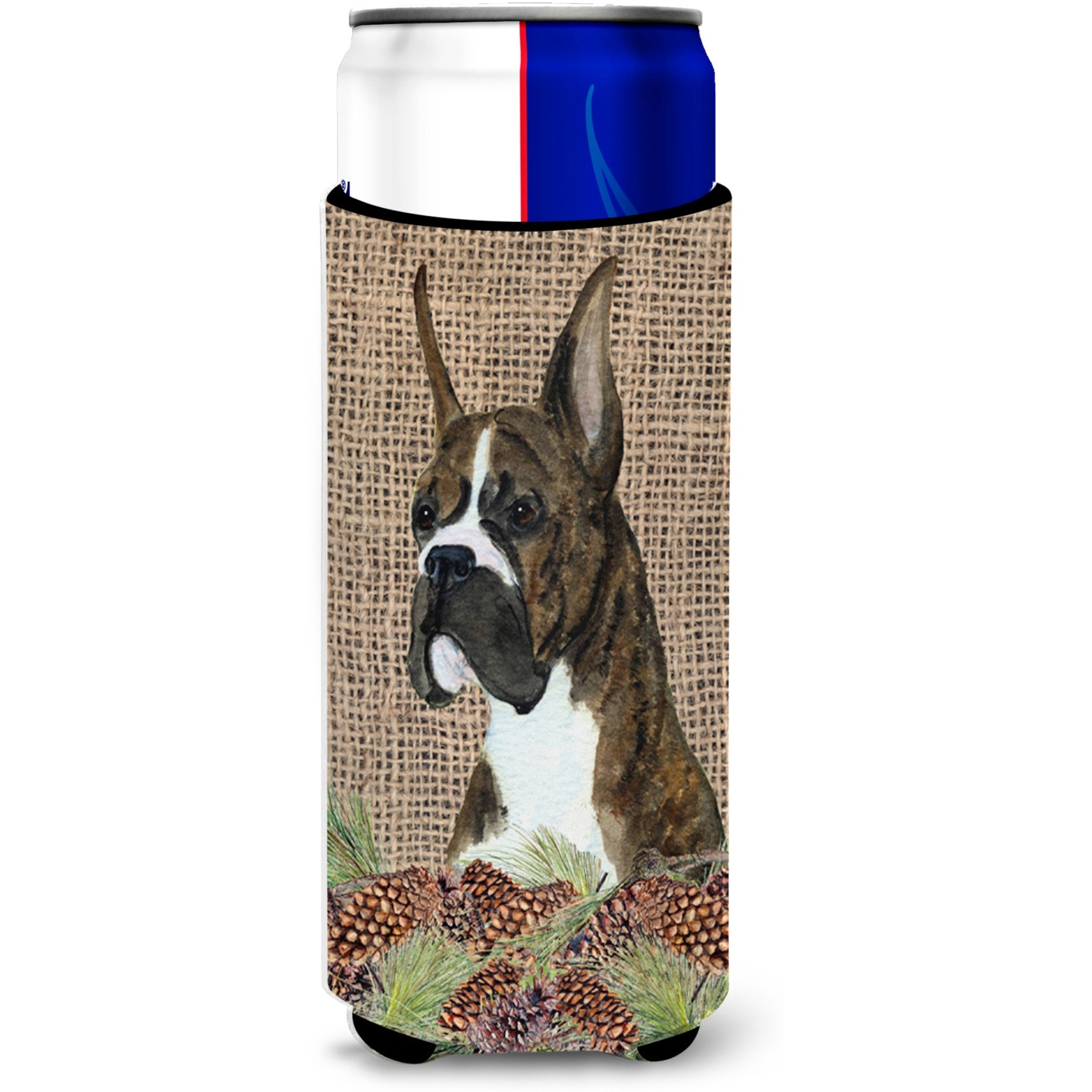 Brindle Boxer on Faux Burlap with Pine Cones Ultra Beverage Insulators for slim cans SS4097MUK