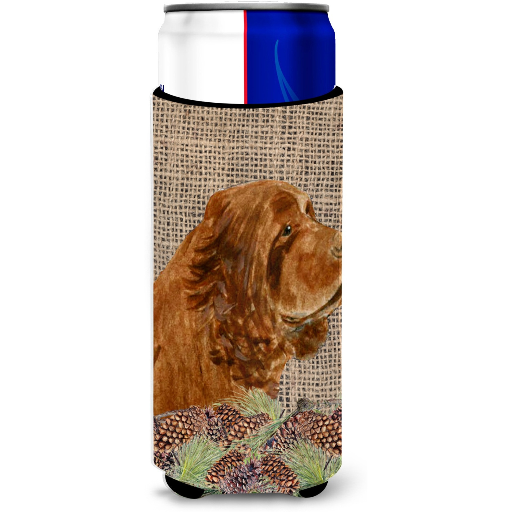 Sussex Spaniel on Faux Burlap with Pine Cones Ultra Beverage Insulators for slim cans SS4099MUK