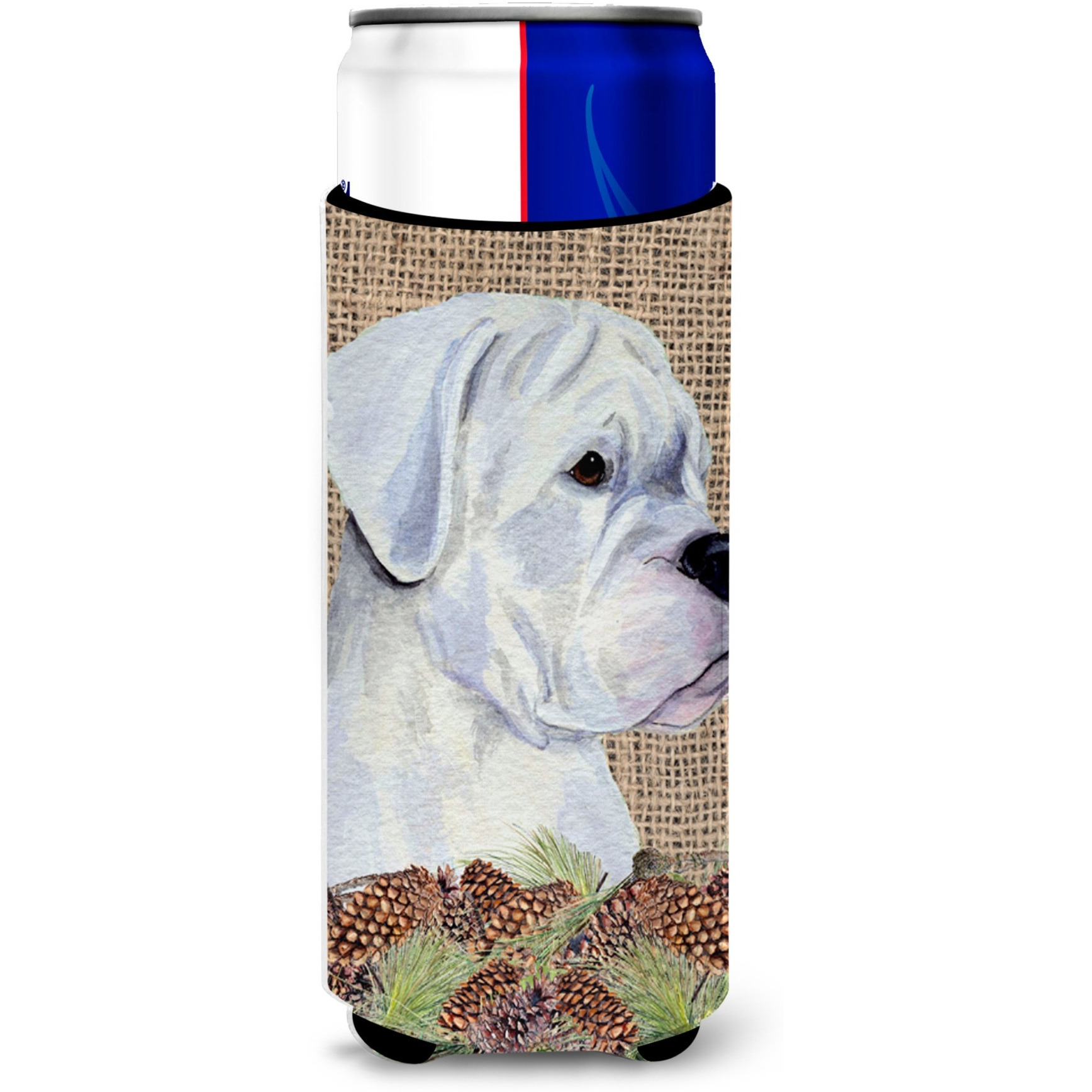 White Boxer on Faux Burlap with Pine Cones Ultra Beverage Insulators for slim cans SS4098MUK