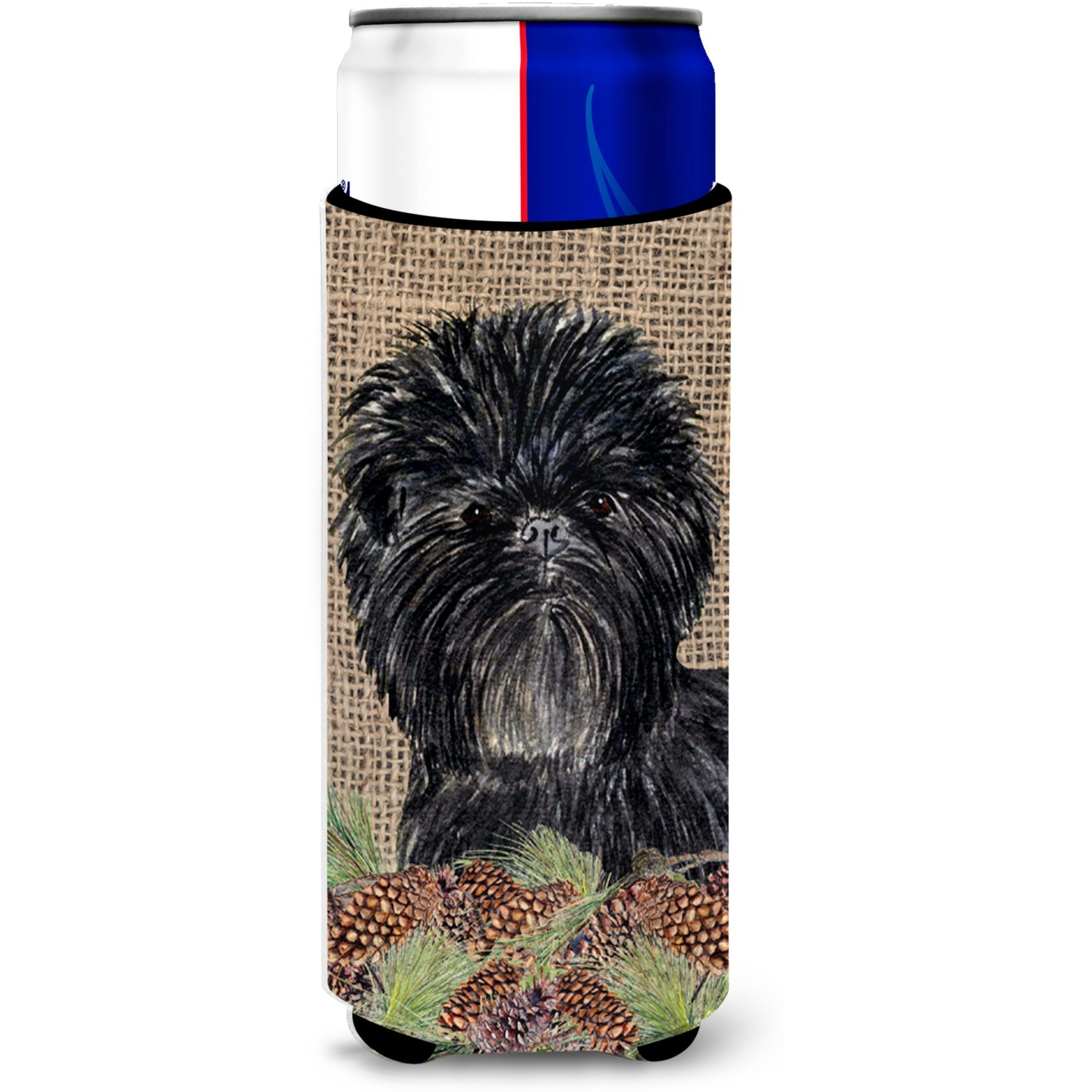 Affenpinscher on Faux Burlap with Pine Cones Ultra Beverage Insulators for slim cans SS4100MUK