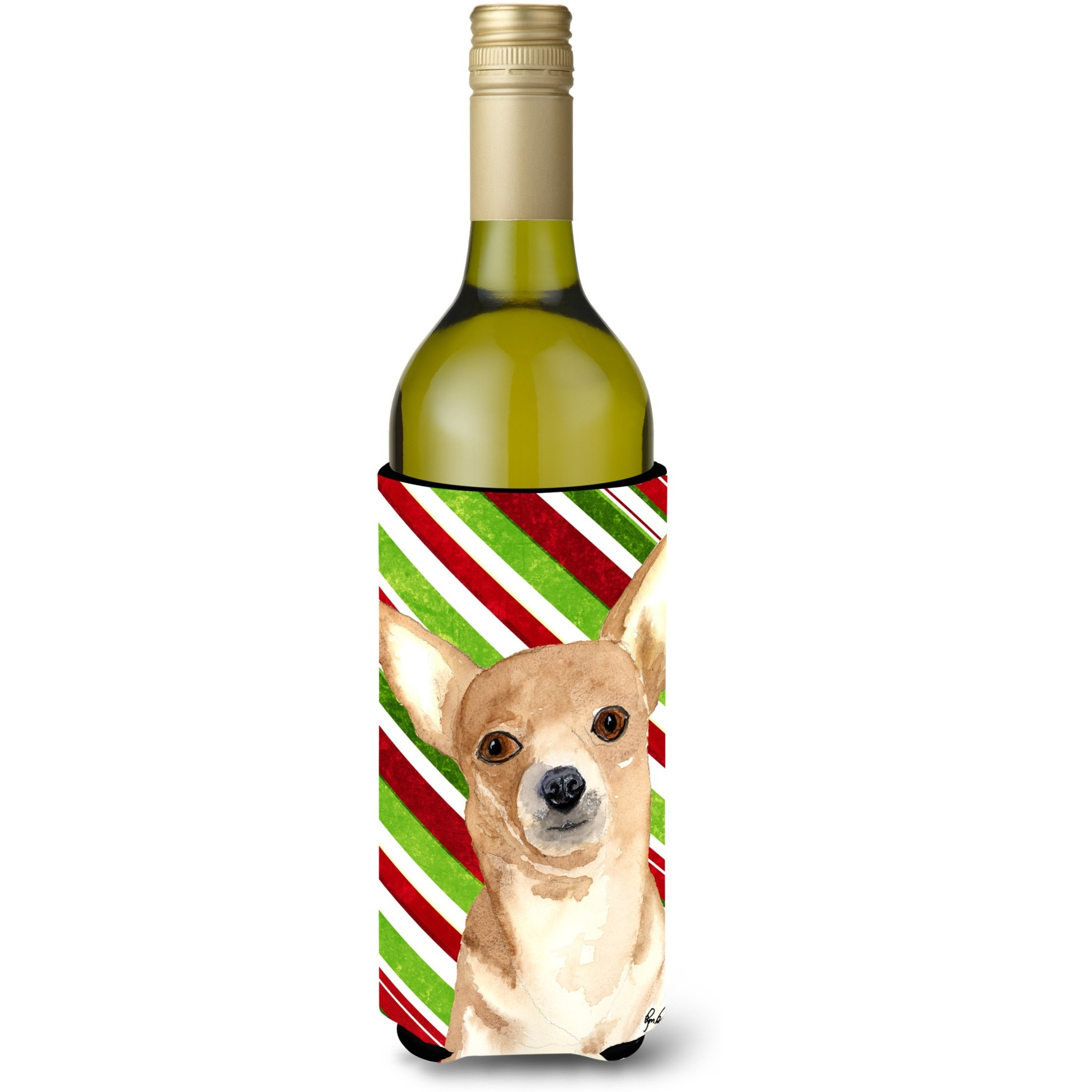Candy Stripe Chihuahua Christmas Wine Bottle Beverage Insulator Beverage Insulator Hugger  RDR3010LITERK