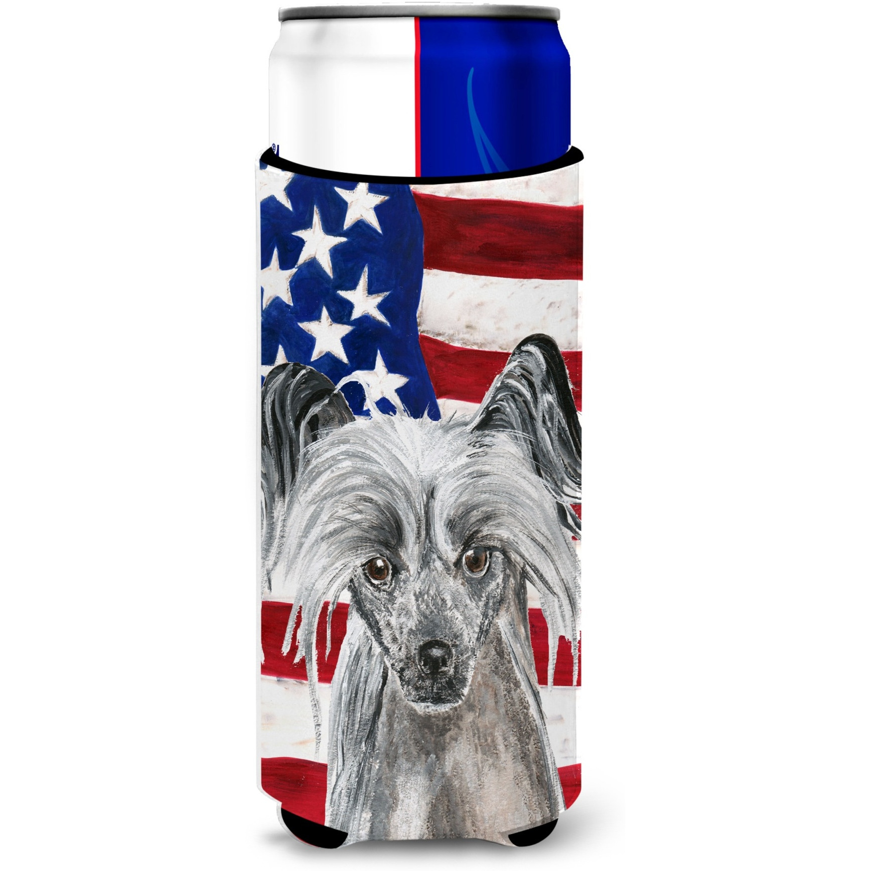 Chinese Crested USA American Flag Ultra Beverage Insulators for slim cans