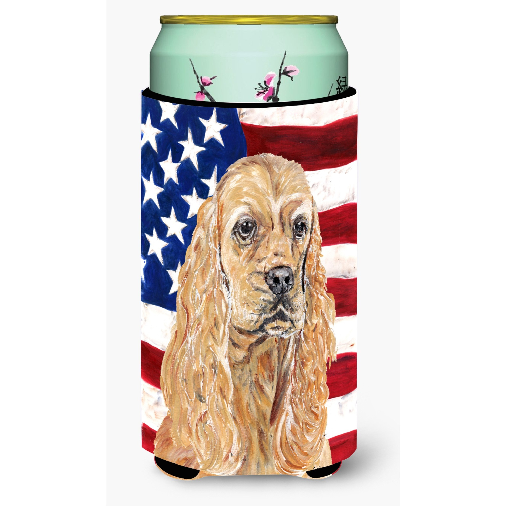 Cocker Spaniel Buff USA American Flag Tall Boy Beverage Insulator Beverage Insulator Hugger