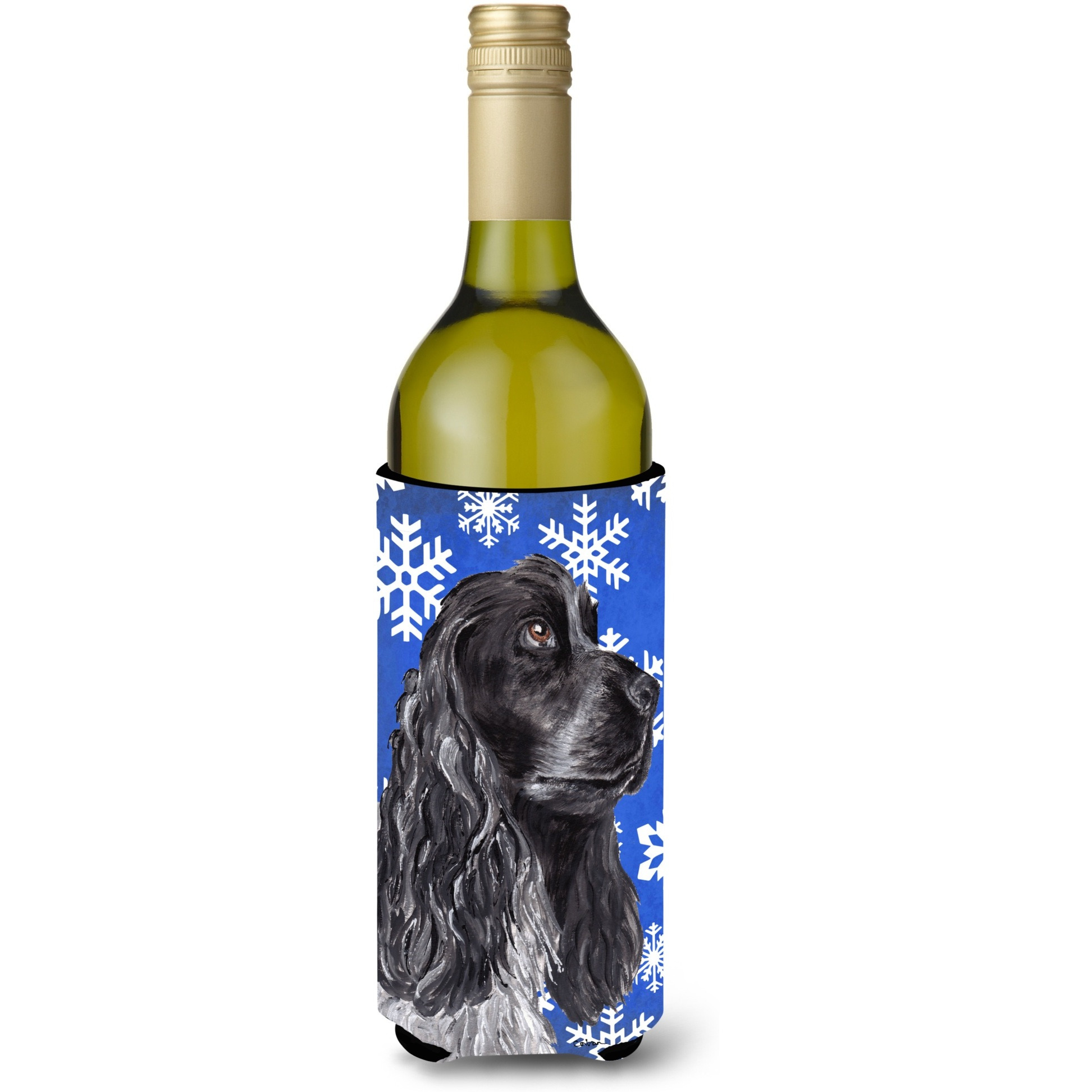Cocker Spaniel Blue Snowflake Winter Wine Bottle Beverage Insulator Beverage Insulator Hugger