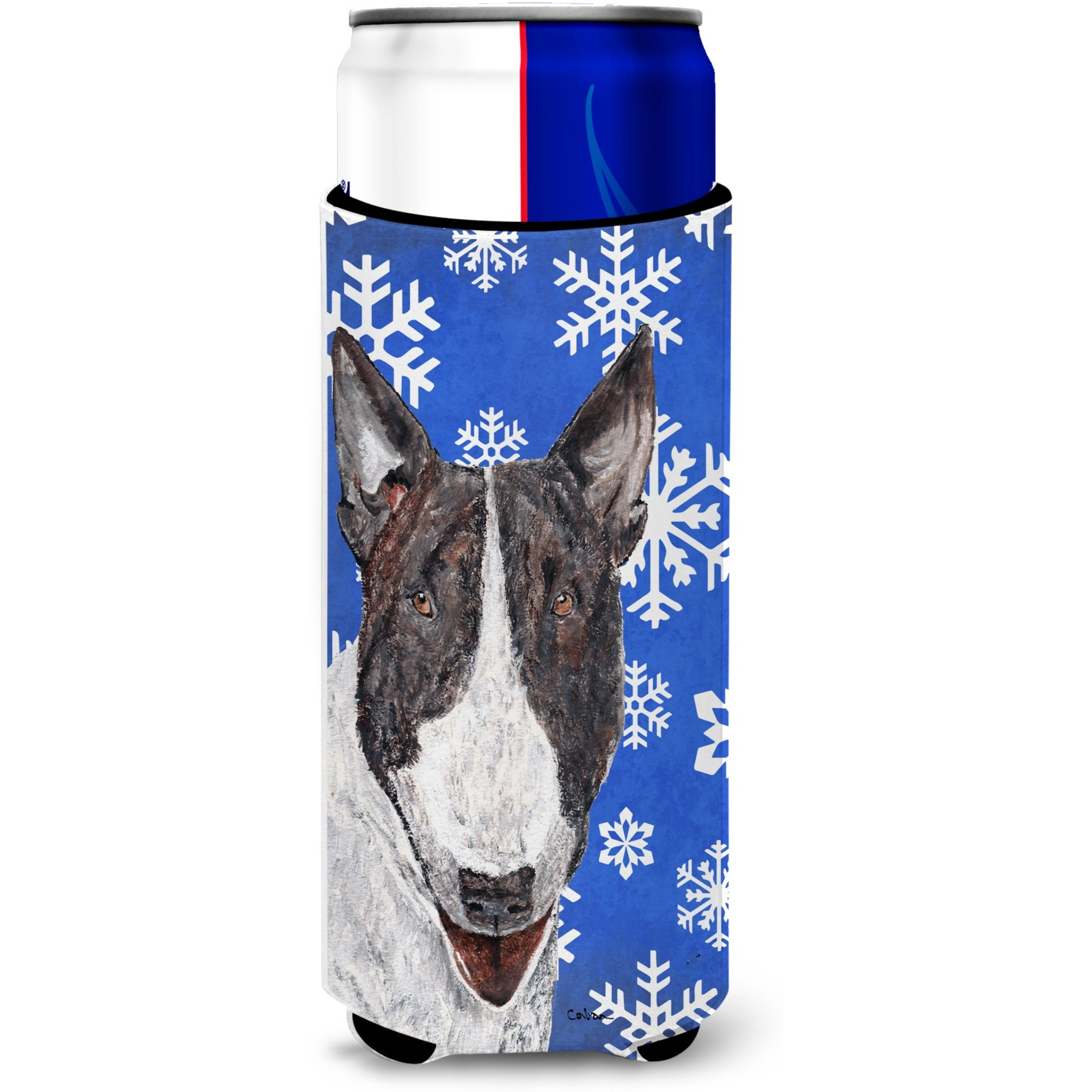 Bull Terrier Blue Snowflake Winter Ultra Beverage Insulators for slim cans
