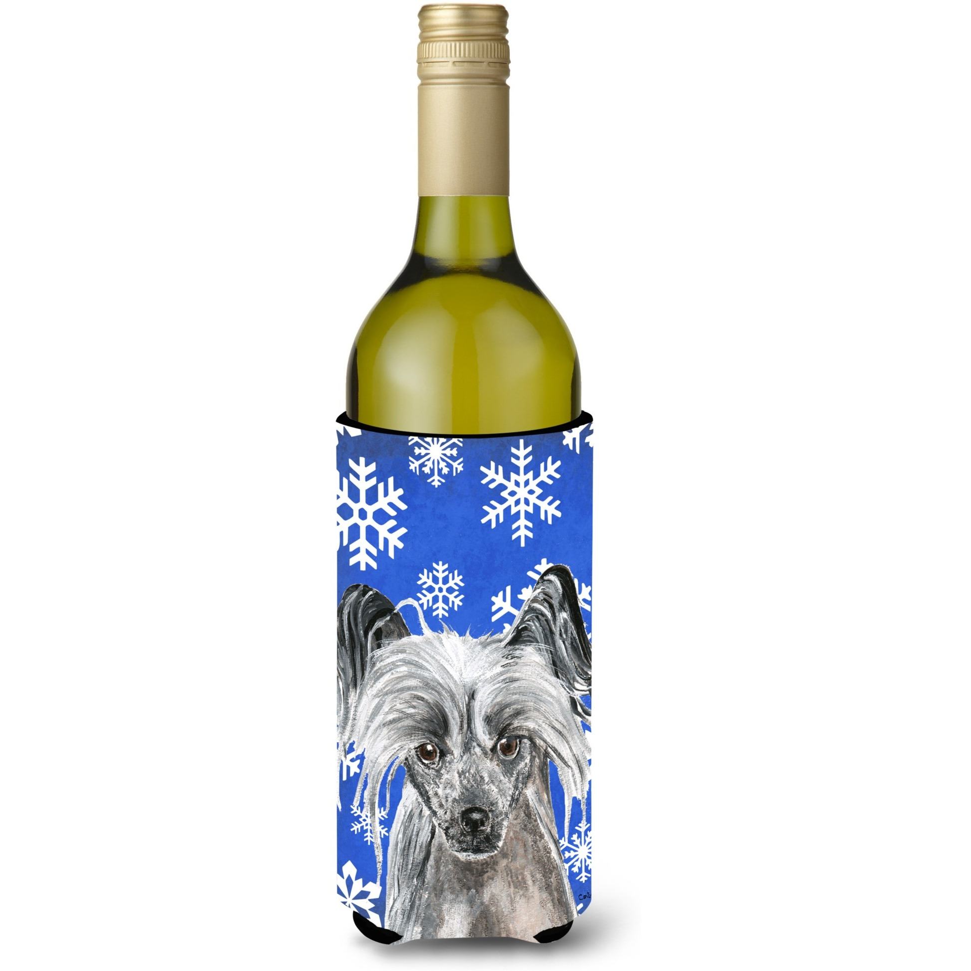 Chinese Crested Blue Snowflake Winter Wine Bottle Beverage Insulator Beverage Insulator Hugger