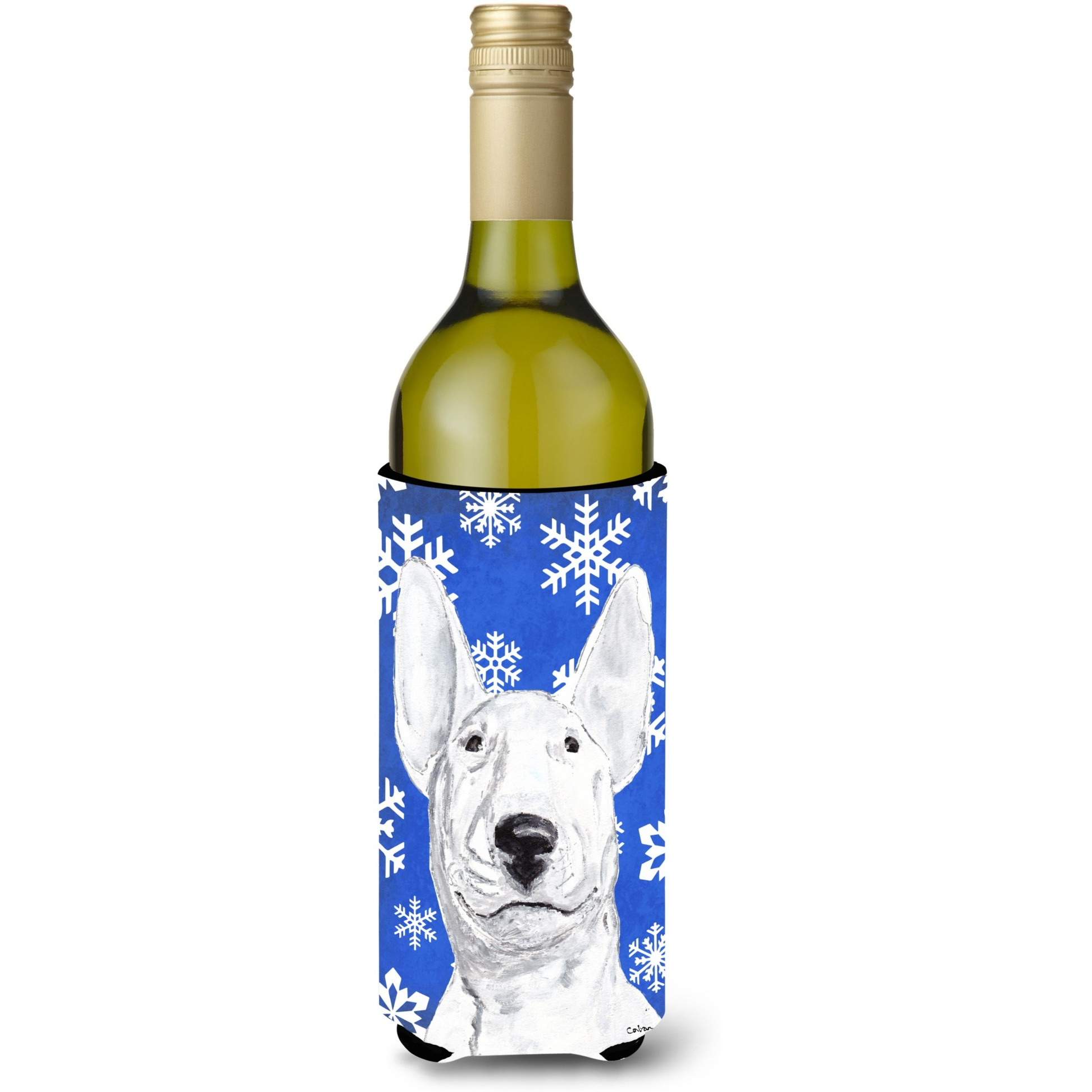 Bull Terrier Blue Snowflake Winter Wine Bottle Beverage Insulator Beverage Insulator Hugger