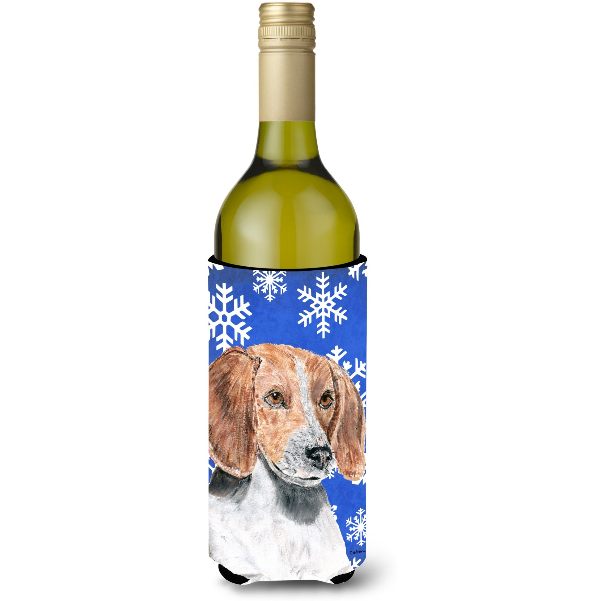 English Foxhound Blue Snowflake Winter Wine Bottle Beverage Insulator Beverage Insulator Hugger