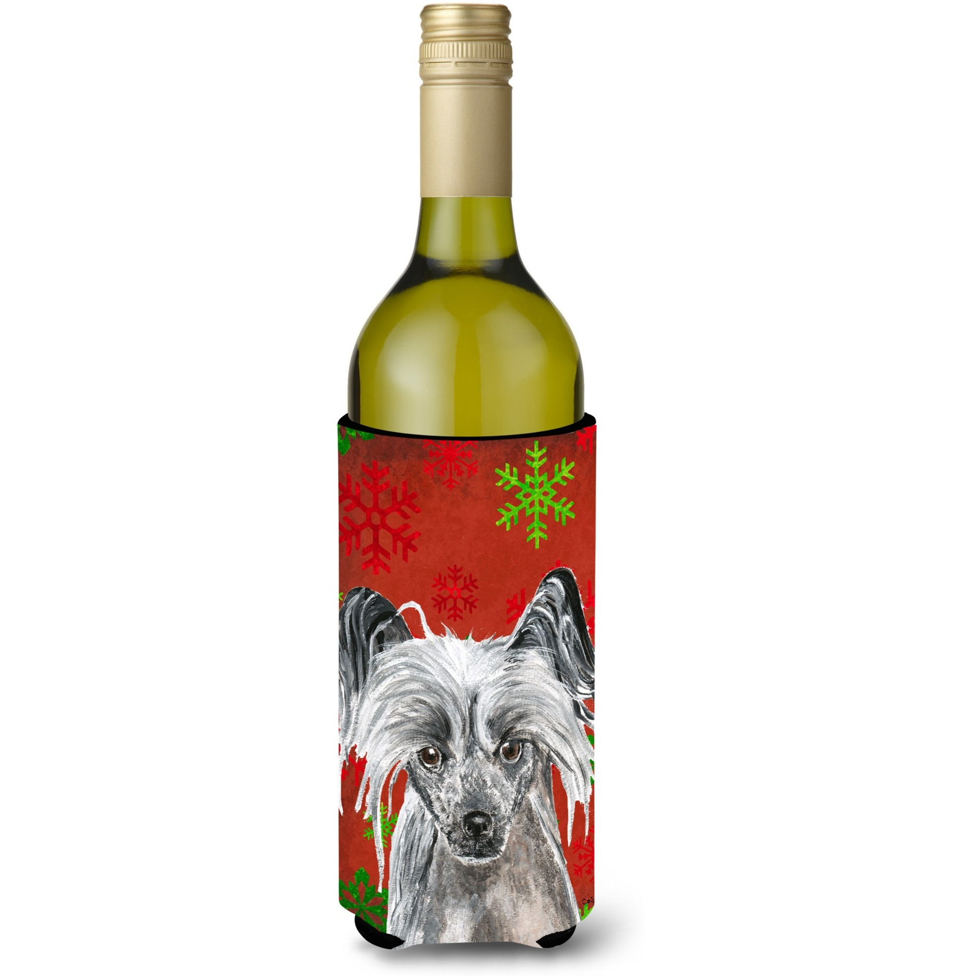 Chinese Crested Red Snowflake Christmas Wine Bottle Beverage Insulator Beverage Insulator Hugger