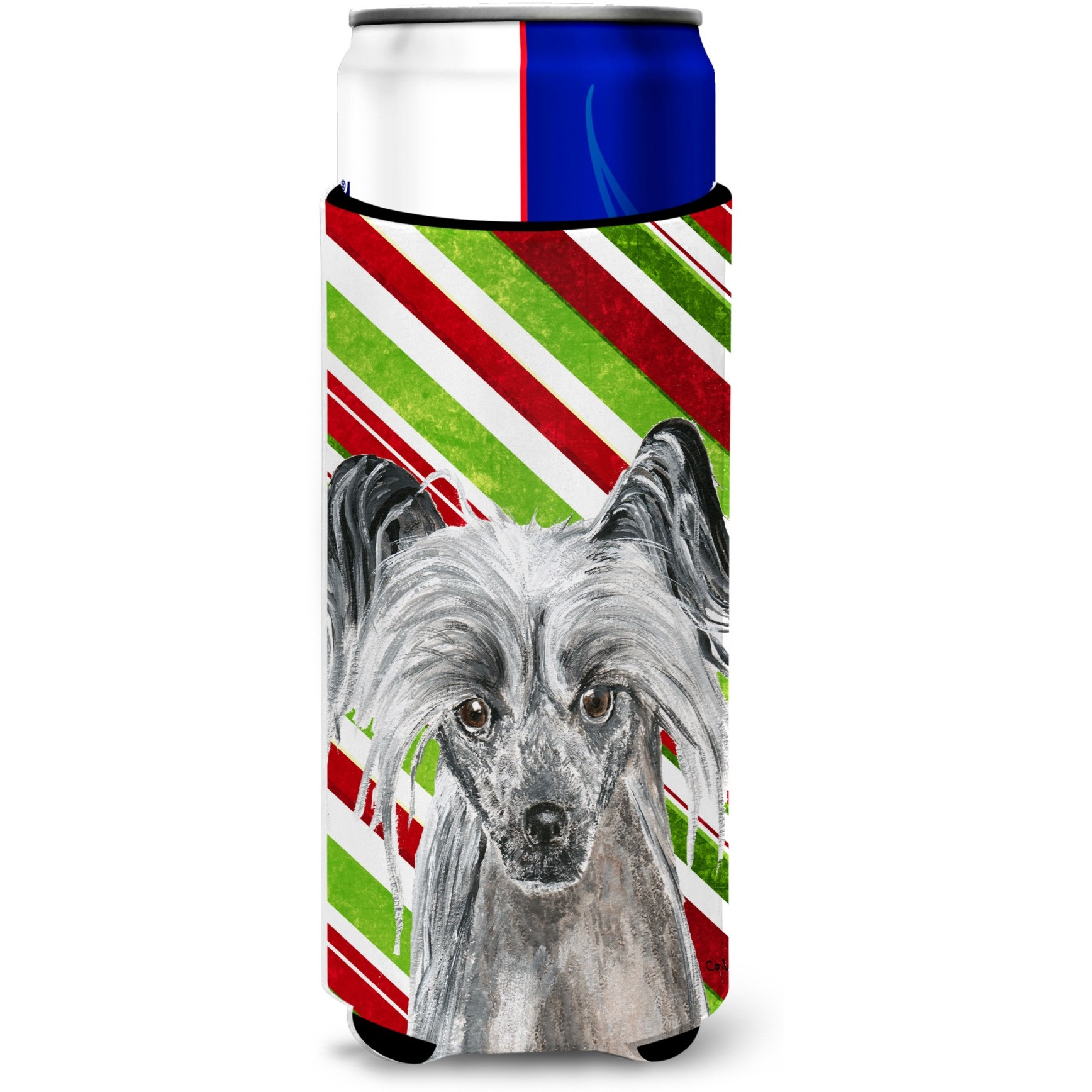 Chinese Crested Candy Cane Christmas Ultra Beverage Insulators for slim cans