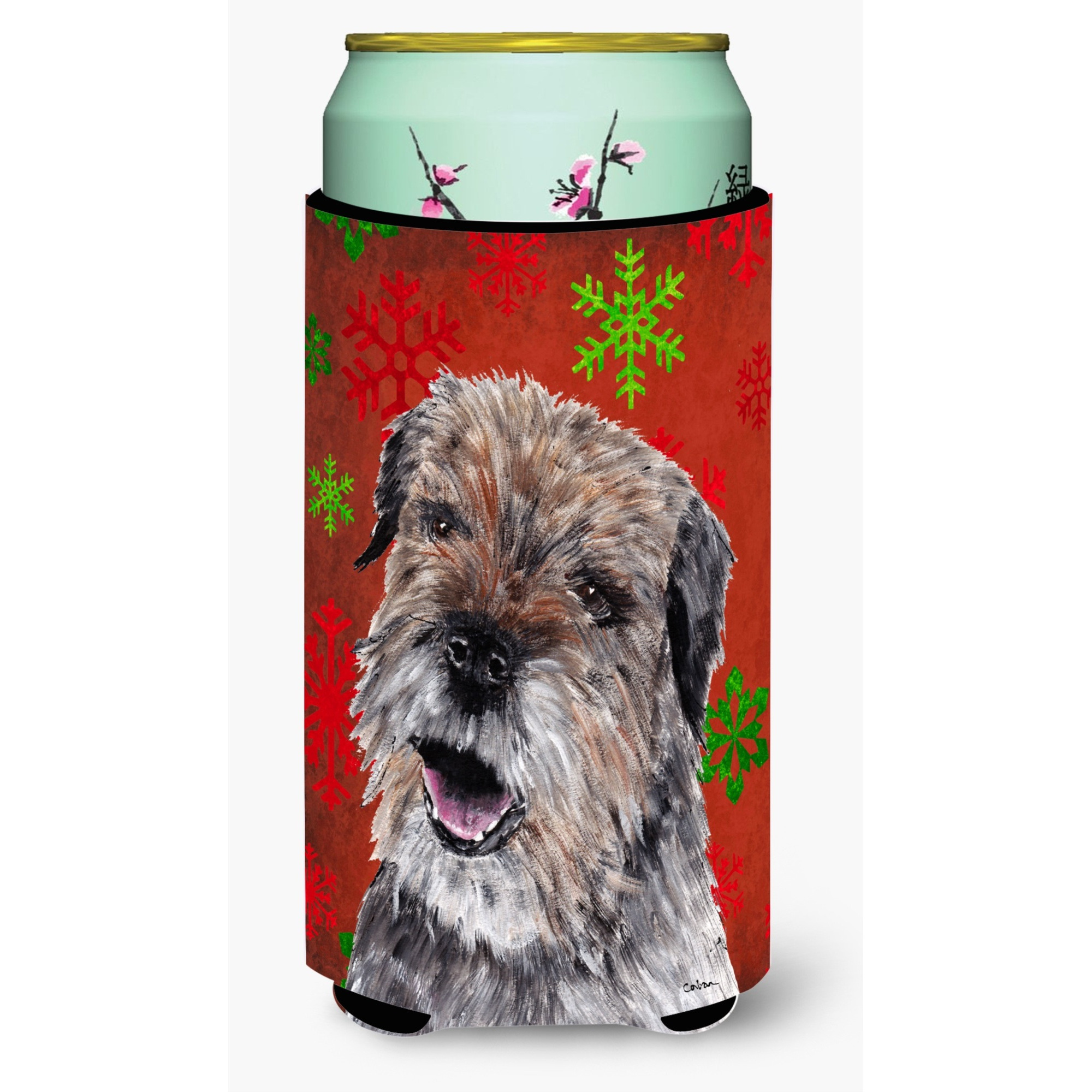 Border Terrier Red Snowflake Christmas Tall Boy Beverage Insulator Beverage Insulator Hugger