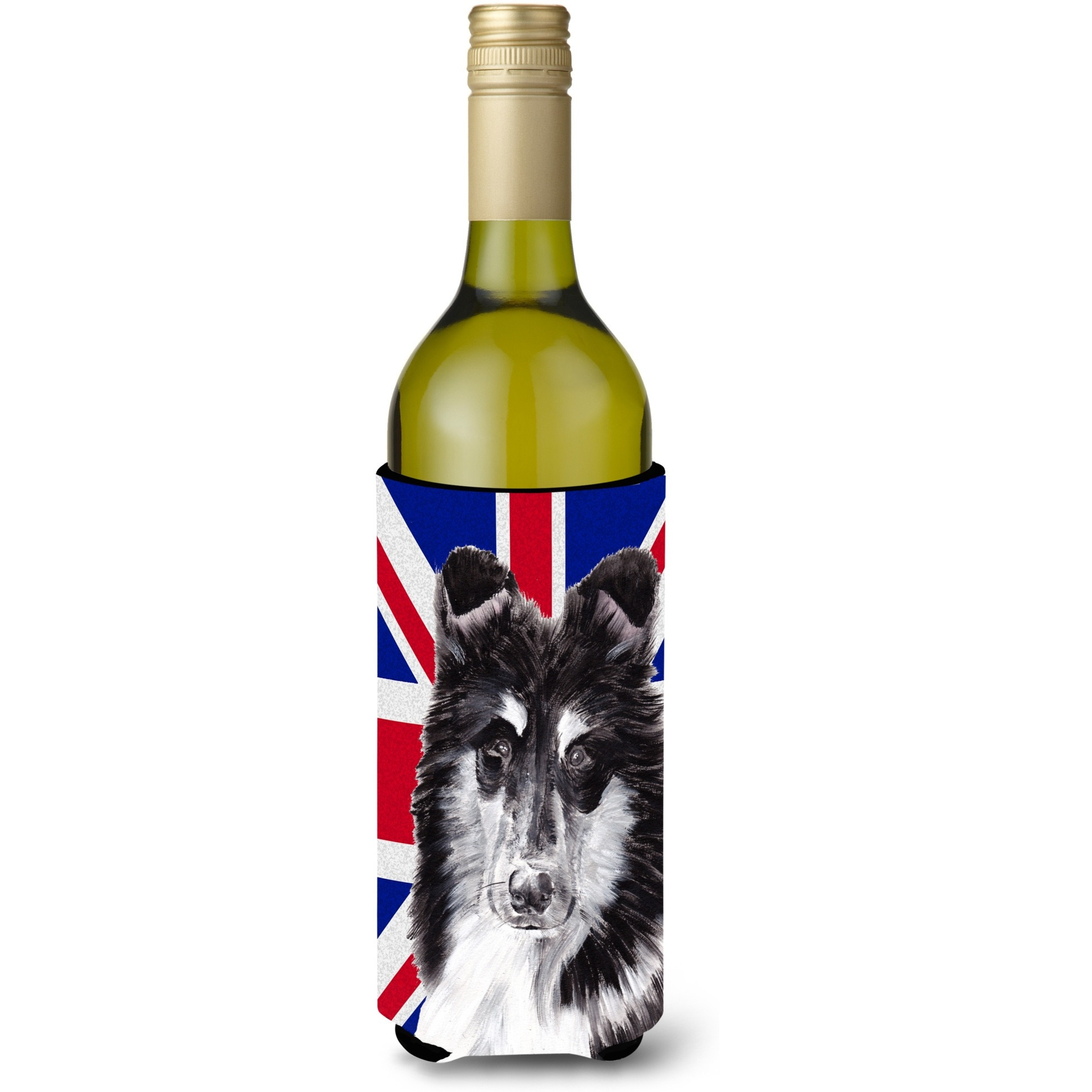 Black and White Collie with English Union Jack British Flag Wine Bottle Beverage Insulator Hugger SC9885LITERK