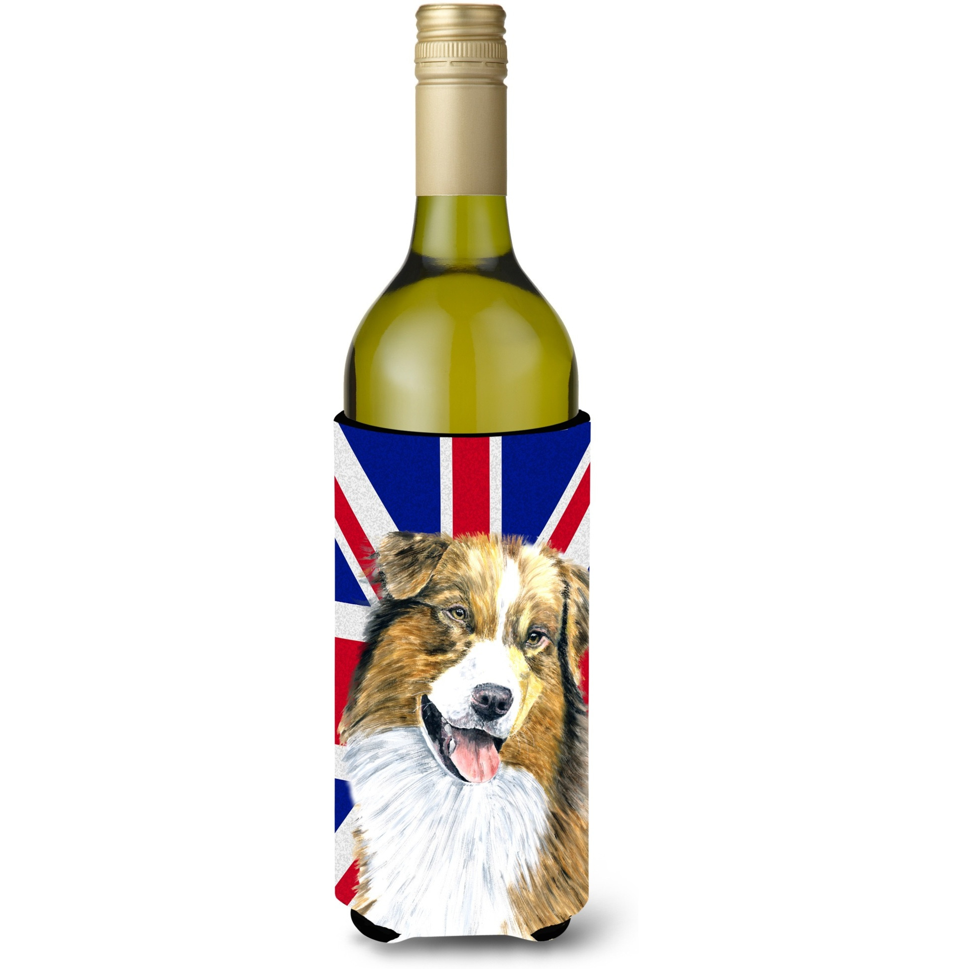 Australian Shepherd with English Union Jack British Flag Wine Bottle Beverage Insulator Hugger SC9854LITERK