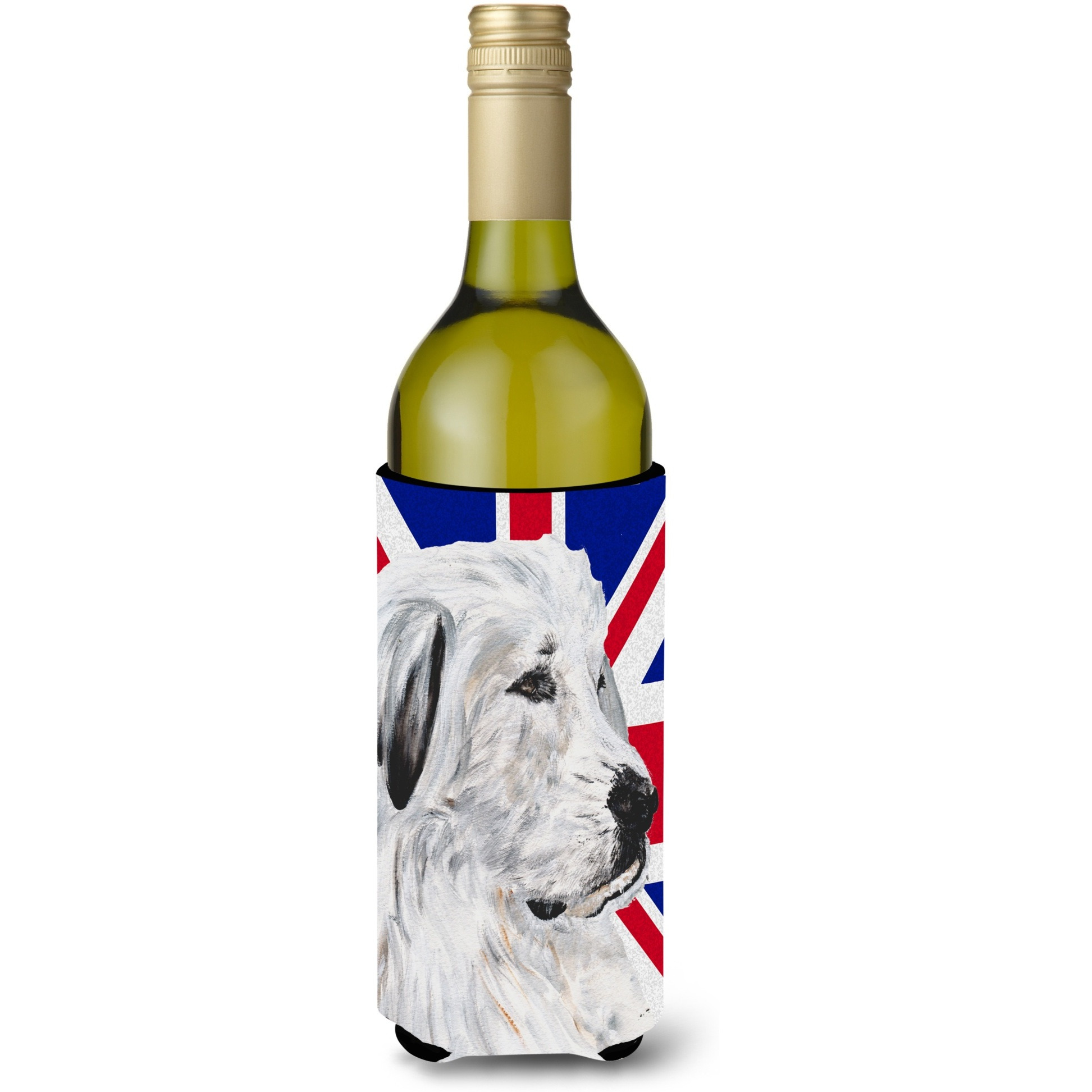 Great Pyrenees with English Union Jack British Flag Wine Bottle Beverage Insulator Hugger SC9873LITERK