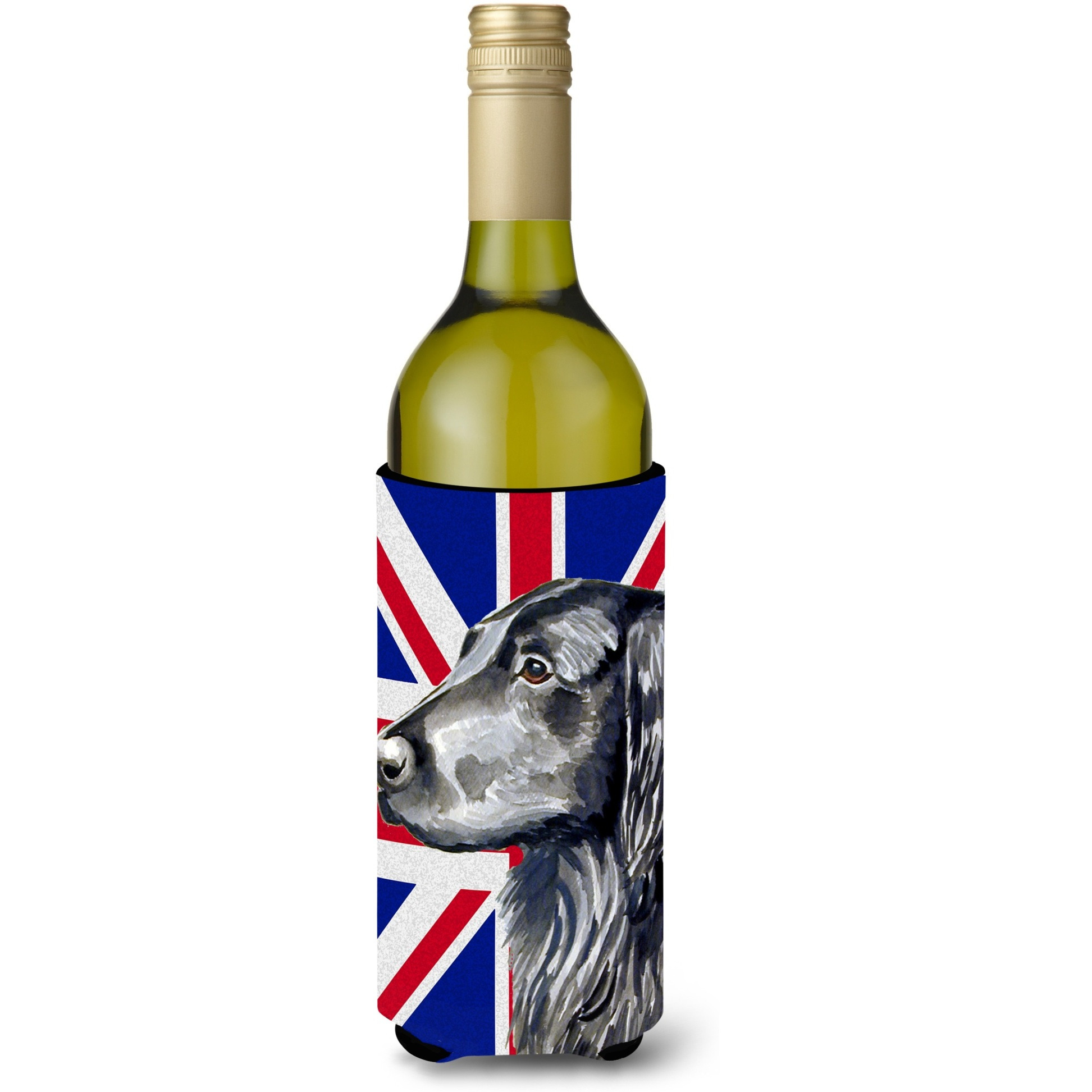 Flat Coated Retriever with English Union Jack British Flag Wine Bottle Beverage Insulator Hugger LH9473LITERK
