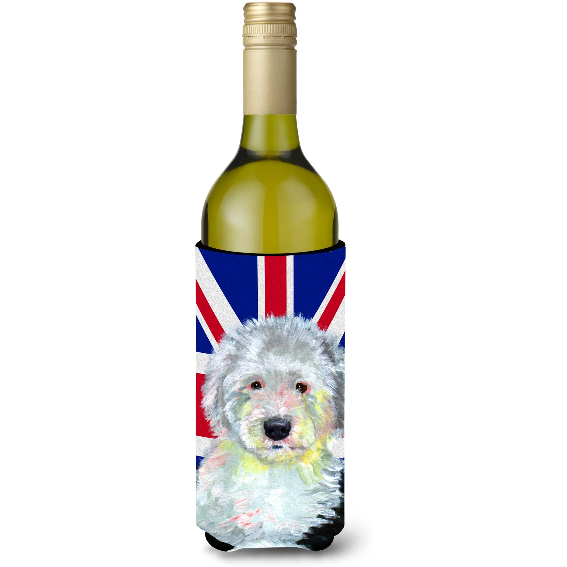 Old English Sheepdog with English Union Jack British Flag Wine Bottle Beverage Insulator Hugger LH9497LITERK
