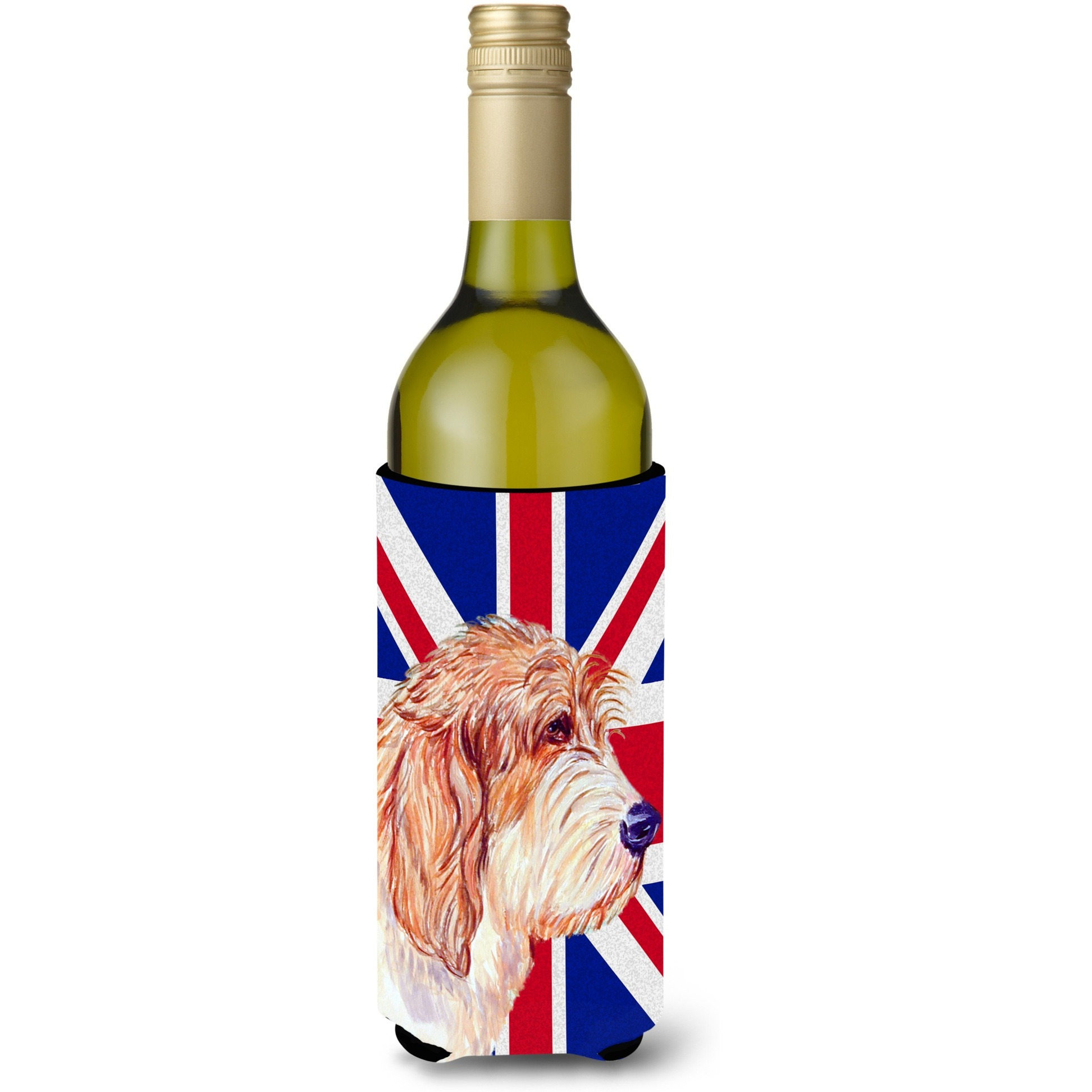 Petit Basset Griffon Vendeen PBGV with English Union Jack British Flag Wine Bottle Koozie Hugger LH9496LITERK