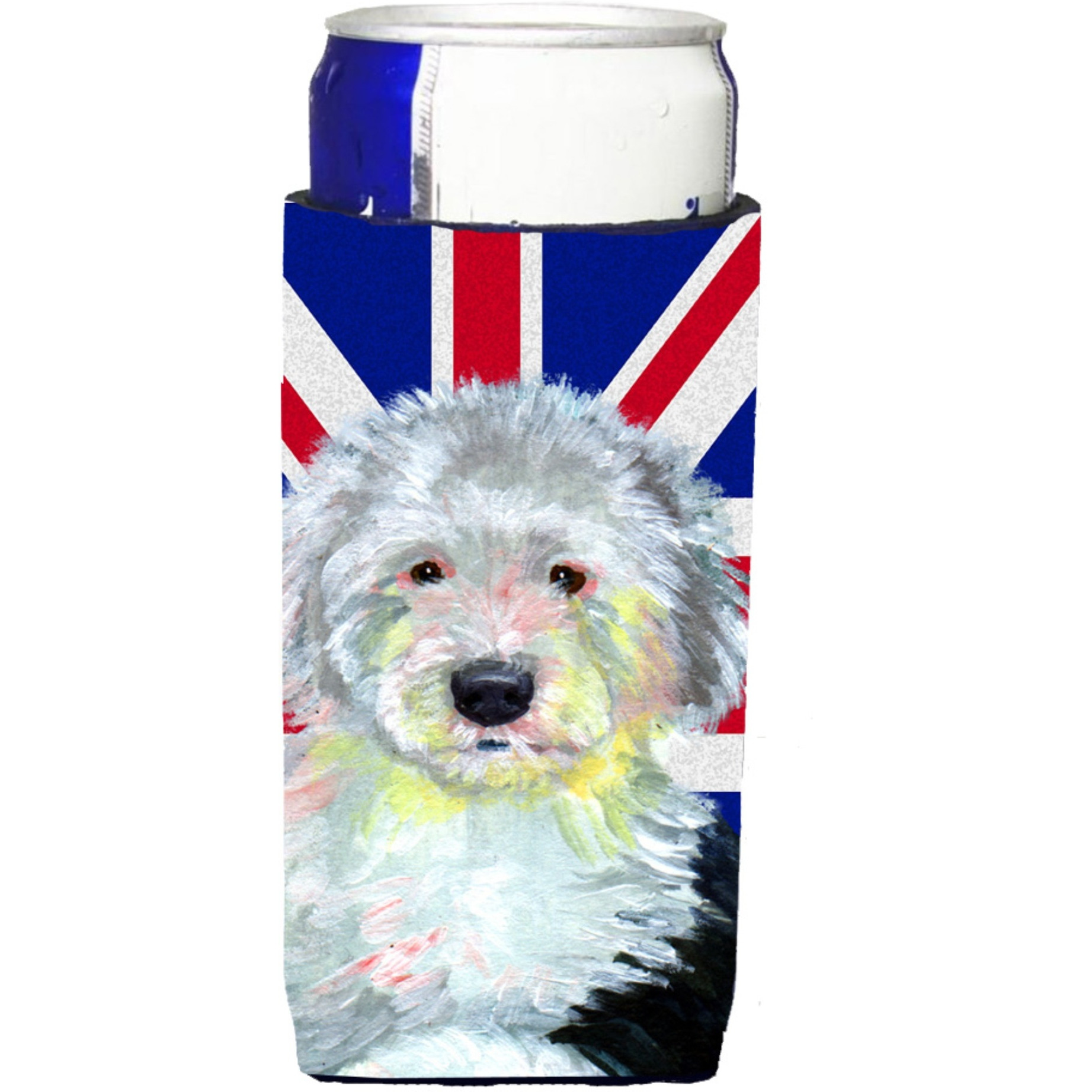 Old English Sheepdog with English Union Jack British Flag Ultra Beverage Insulators for slim cans LH9497MUK