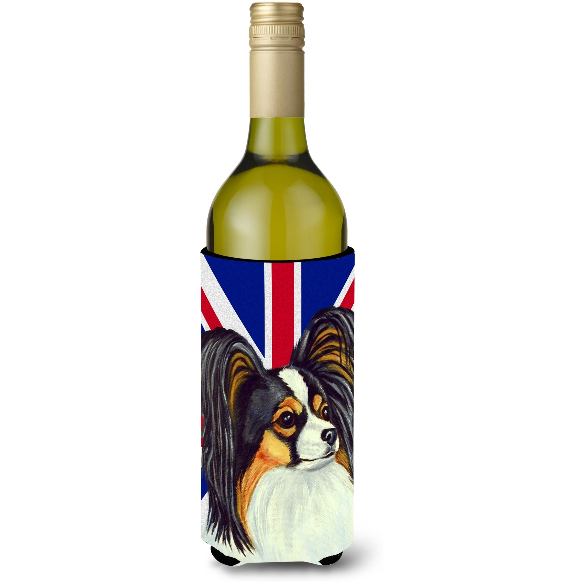 Papillon with English Union Jack British Flag Wine Bottle Beverage Insulator Hugger LH9503LITERK