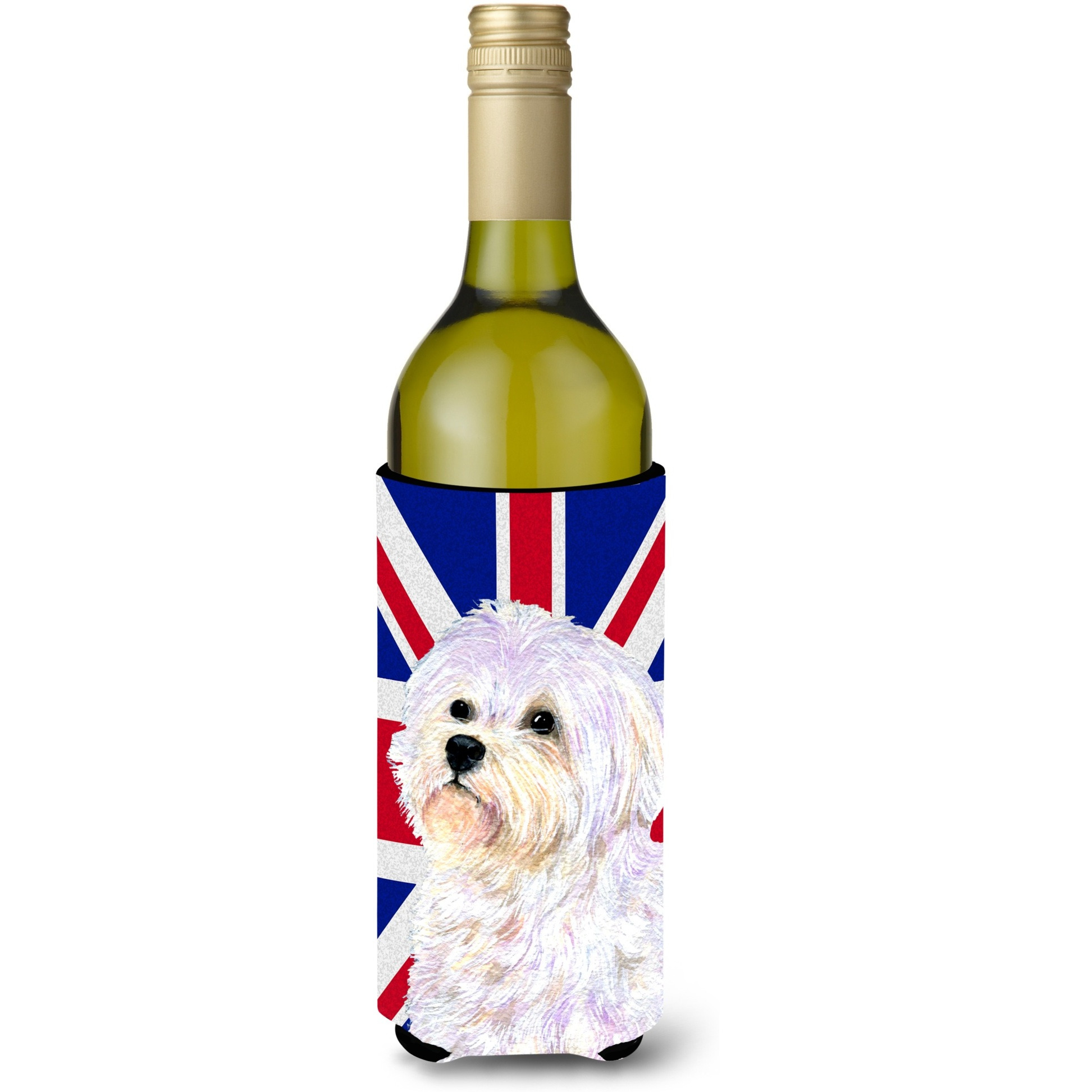 Maltese with English Union Jack British Flag Wine Bottle Beverage Insulator Hugger SS4923LITERK