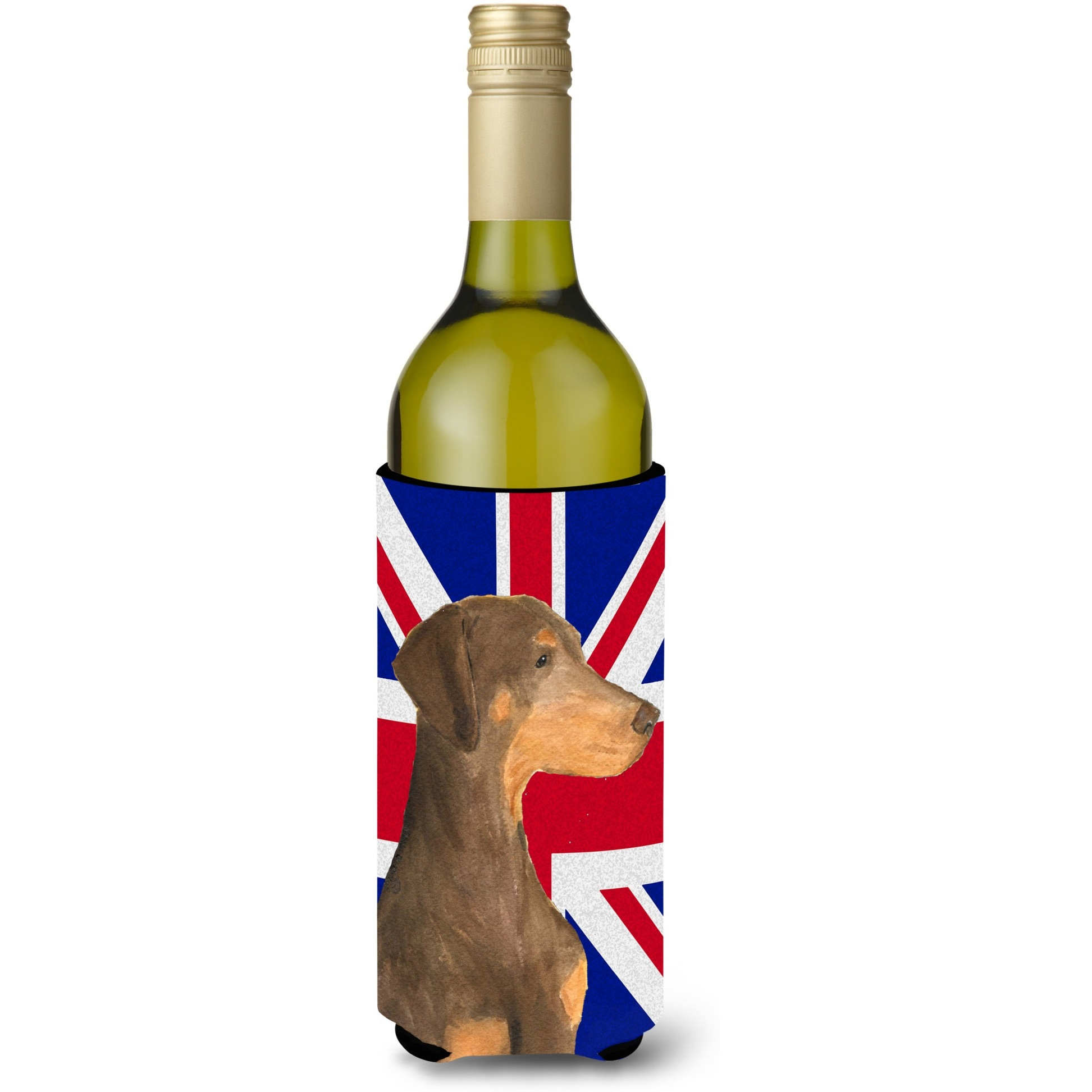 Doberman Natural Ears with English Union Jack British Flag Wine Bottle Beverage Insulator Hugger SS4921LITERK