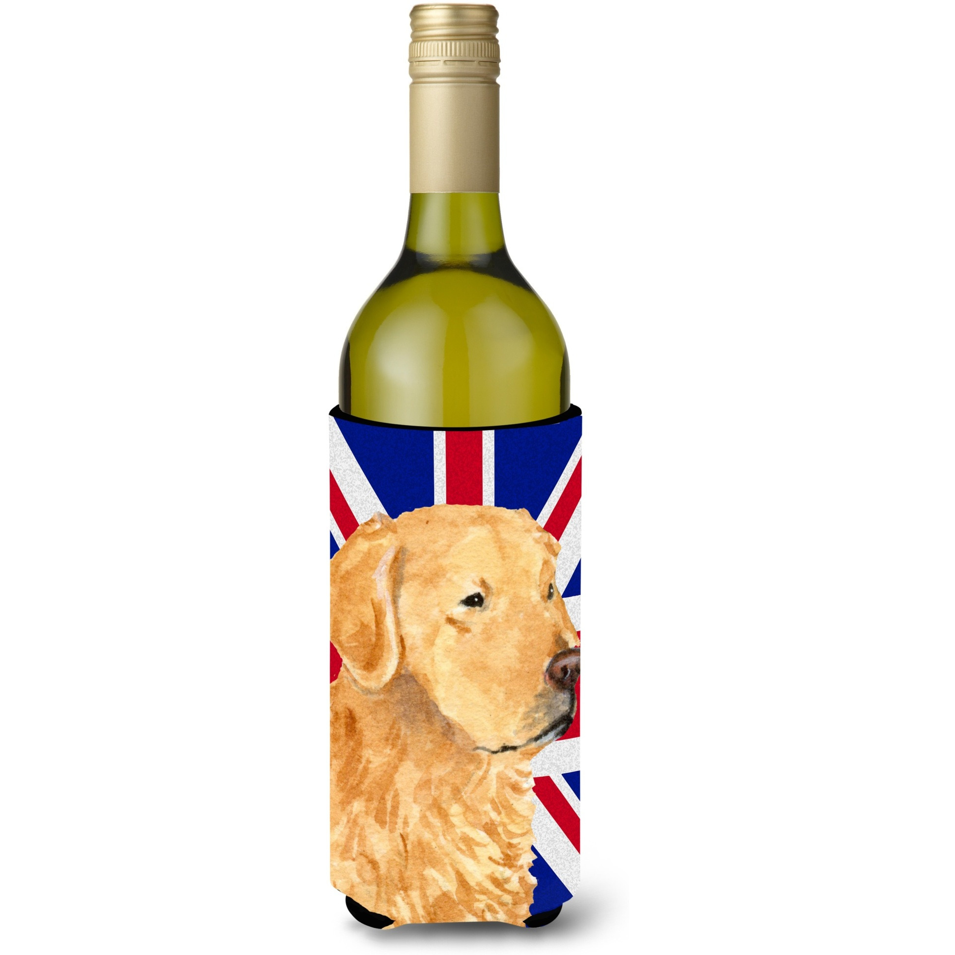 Golden Retriever with English Union Jack British Flag Wine Bottle Beverage Insulator Hugger SS4918LITERK