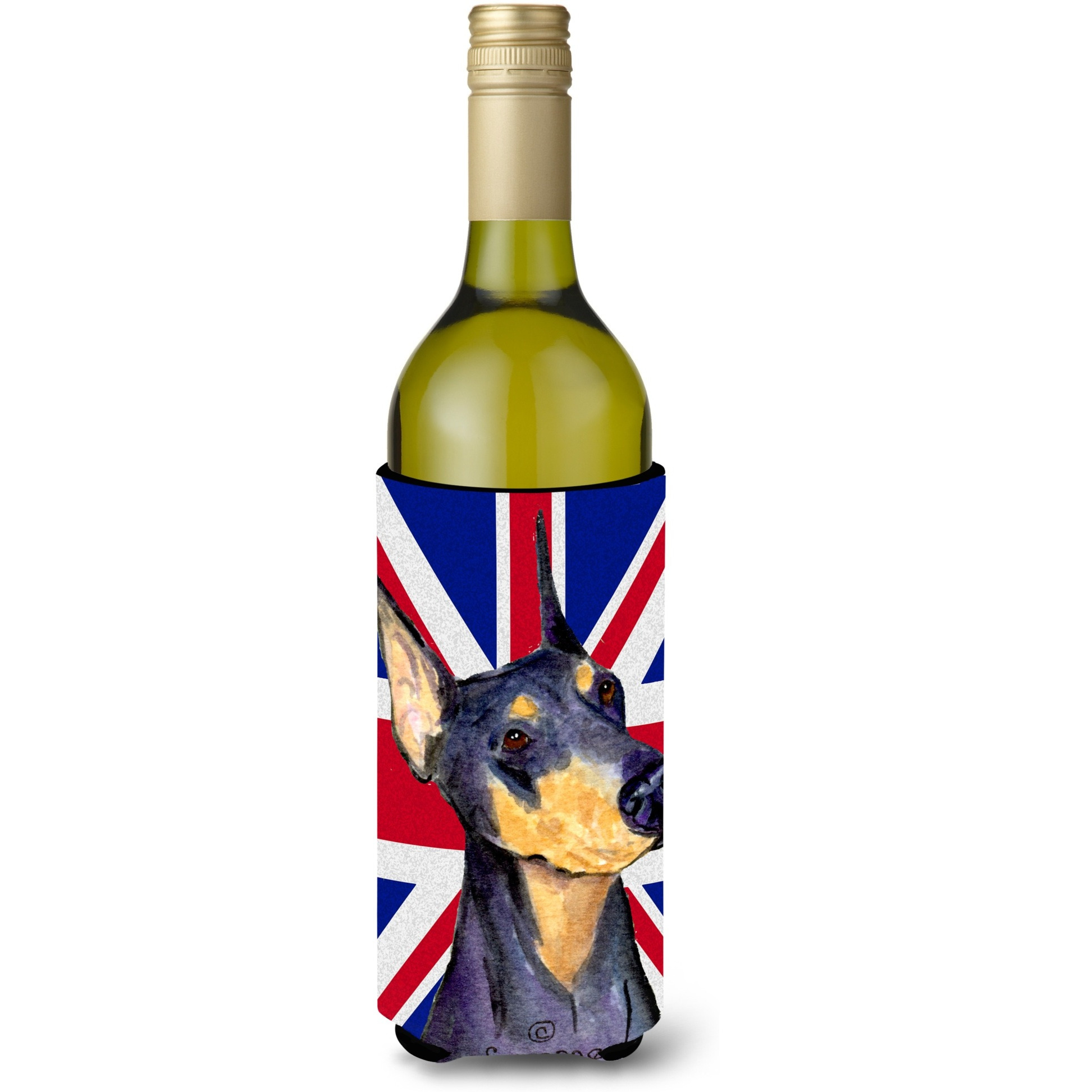 Doberman with English Union Jack British Flag Wine Bottle Beverage Insulator Hugger SS4937LITERK