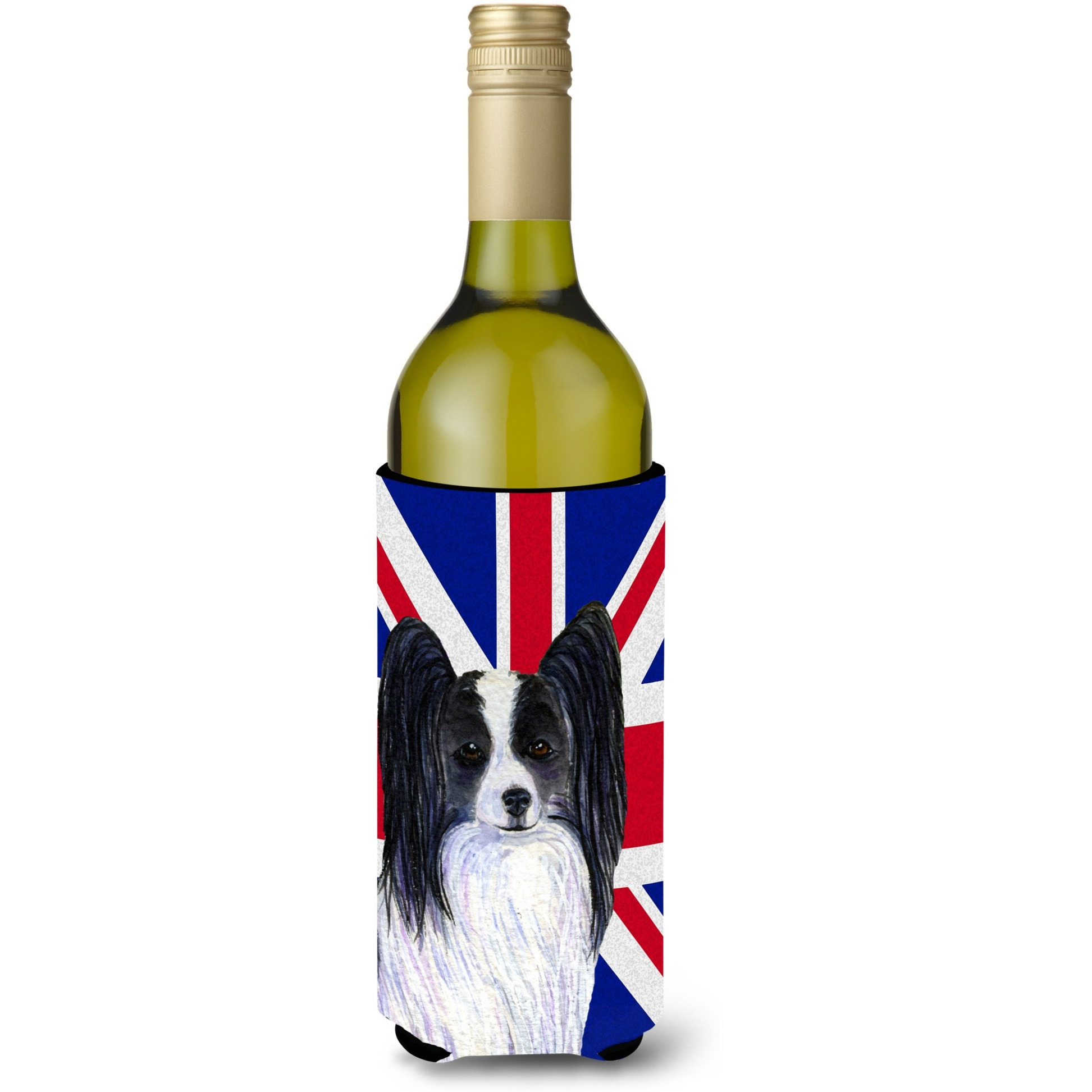 Papillon with English Union Jack British Flag Wine Bottle Beverage Insulator Hugger SS4947LITERK