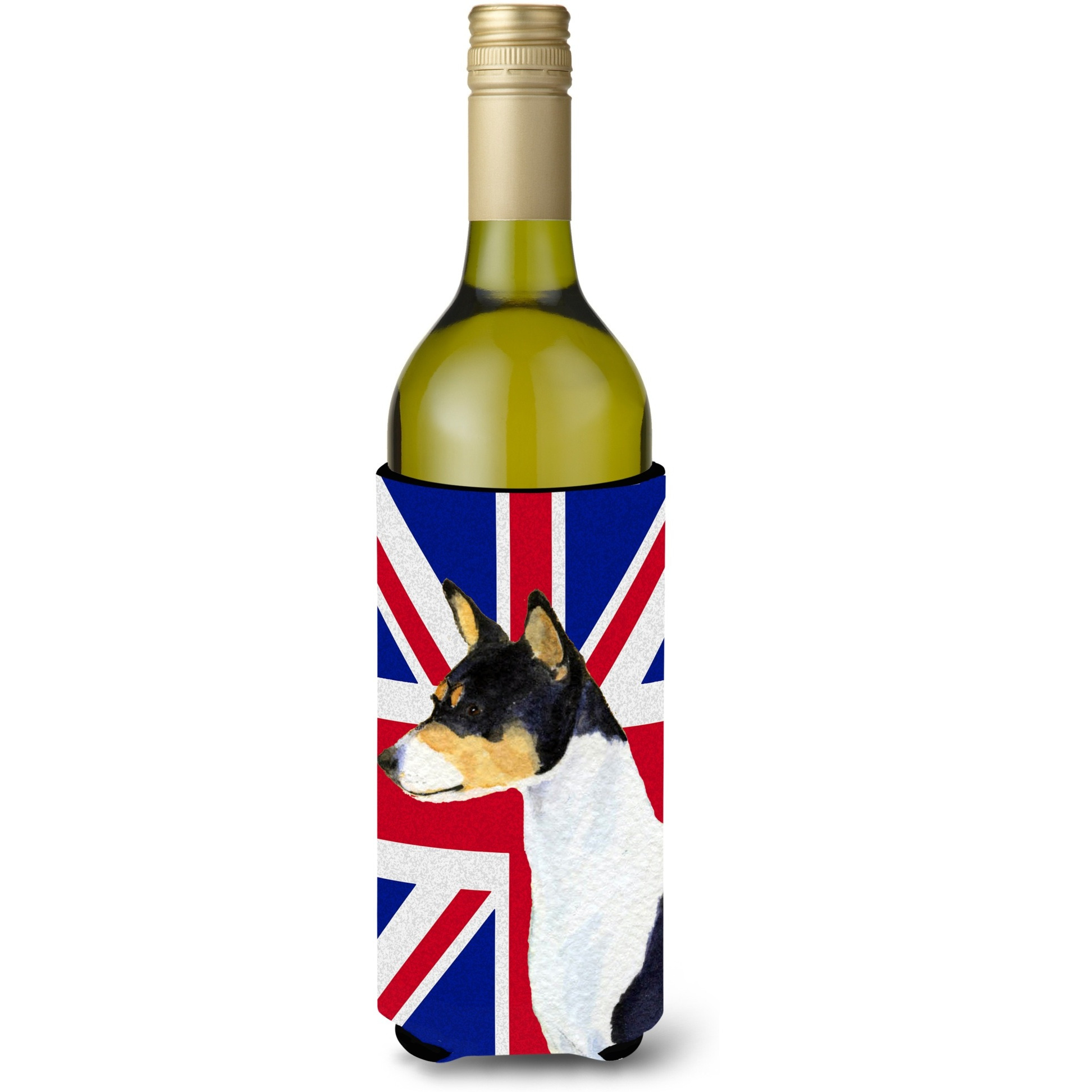 Basenji with English Union Jack British Flag Wine Bottle Beverage Insulator Hugger SS4956LITERK